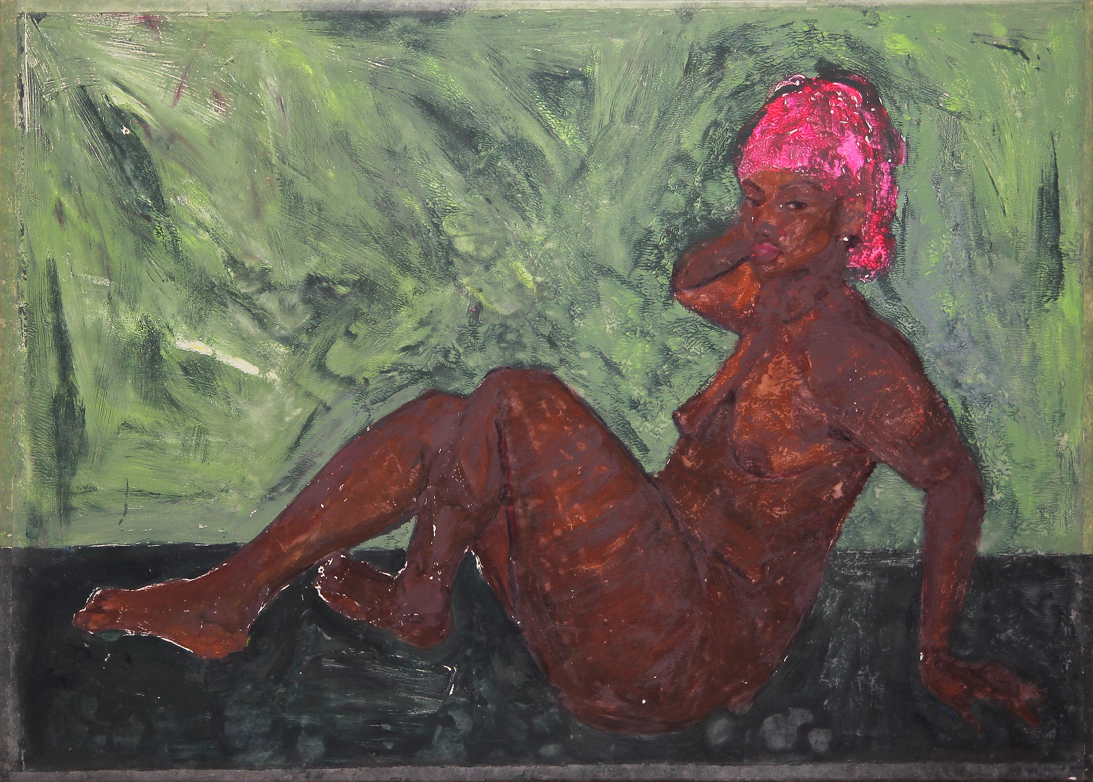 Saralene Tapley Nude Painting – ""Tanya 2"" Schwarzer weiblicher Akt in rosa Zickzack-Monotypie 