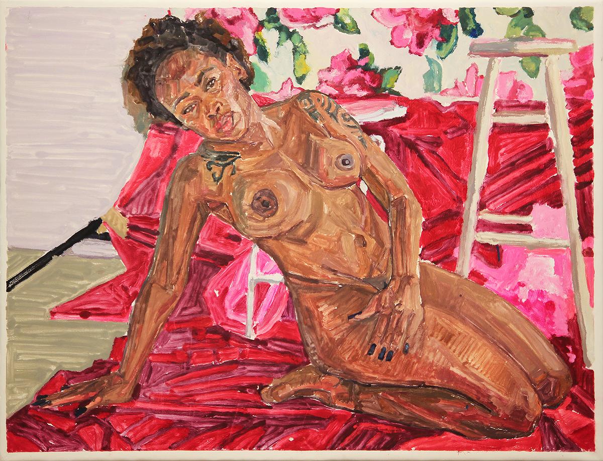 Saralene Tapley Figurative Print - "Andi" Pink-Toned  Floral Black Female Nude Monotype Print