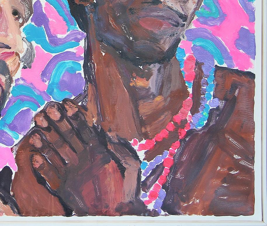 Peinture contemporaine abstraite et colorée de l'artiste Saralene Tapley, de Houston, au Texas. Cette peinture représente le portrait d'un couple de mannequins masculins sur un fond de vagues roses et bleues. Actuellement suspendu dans un cadre en