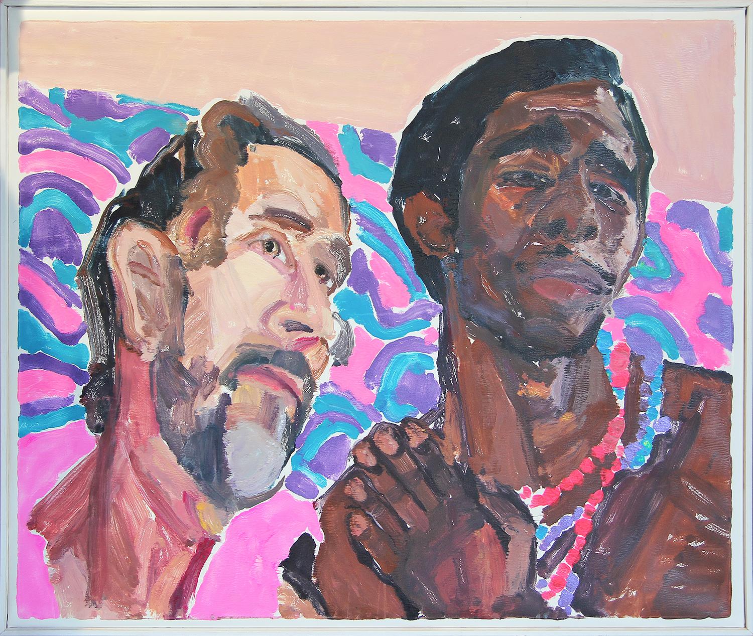 Zeitgenössisches abstraktes blaues und rosafarbenes männliches Porträtgemälde „Gary and Elo“