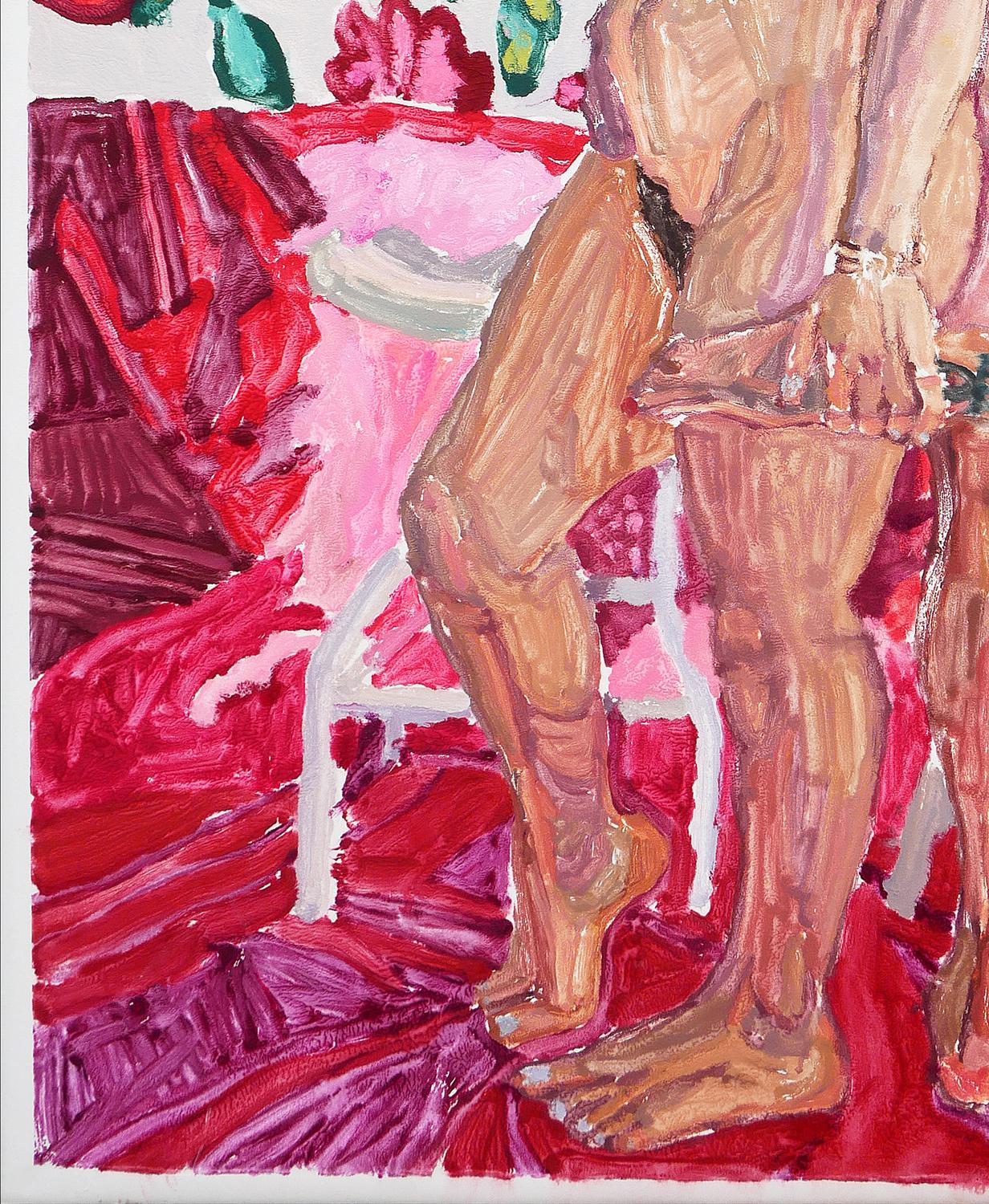 Colorida pintura abstracta contemporánea de la artista de Houston, TX, Saralene Tapley. Este cuadro muestra el retrato de un par de modelos femeninas sobre un fondo floral rojo. Sin enmarcar, pero hay opciones de enmarcado disponibles. Firmado por