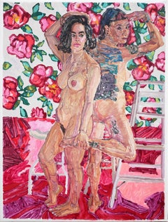 "Meribeth and Yet" Peinture de portrait floral contemporaine de femme nue rouge et rose