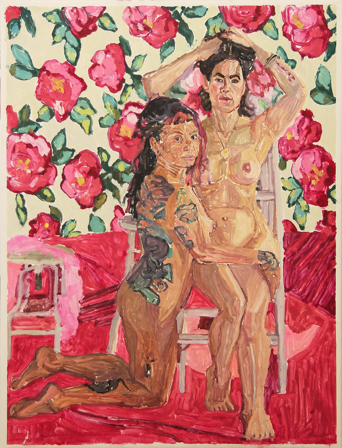Zeitgenössisches rotes und rosafarbenes weibliches Blumenporträt „Yet and Meribeth“