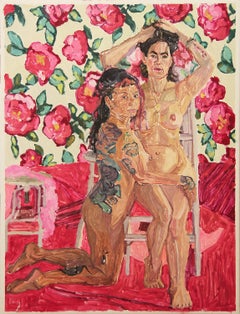 "Yet and Meribeth" Contemporary Red & Pink Nude Female Floral Portrait Painting