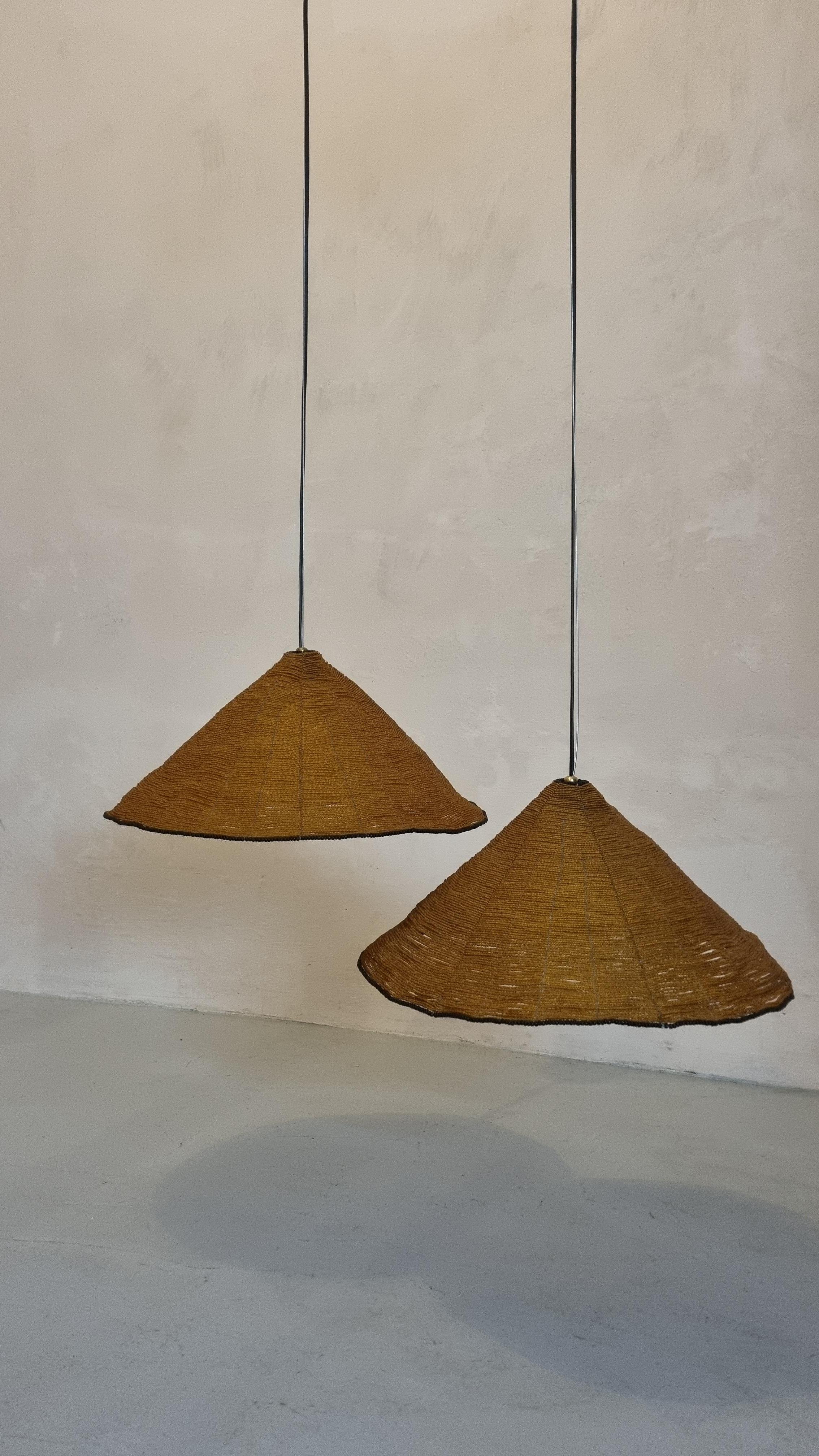 Rare set of 2 ceiling  lamps mod. Sarasar designed by Roberto Pamio and Renato Toso for Leucos in 1975.
 Diffusers in colored glass beads, amber and black edge.
 This rare pair of lamps was produced only for a few years because of the long