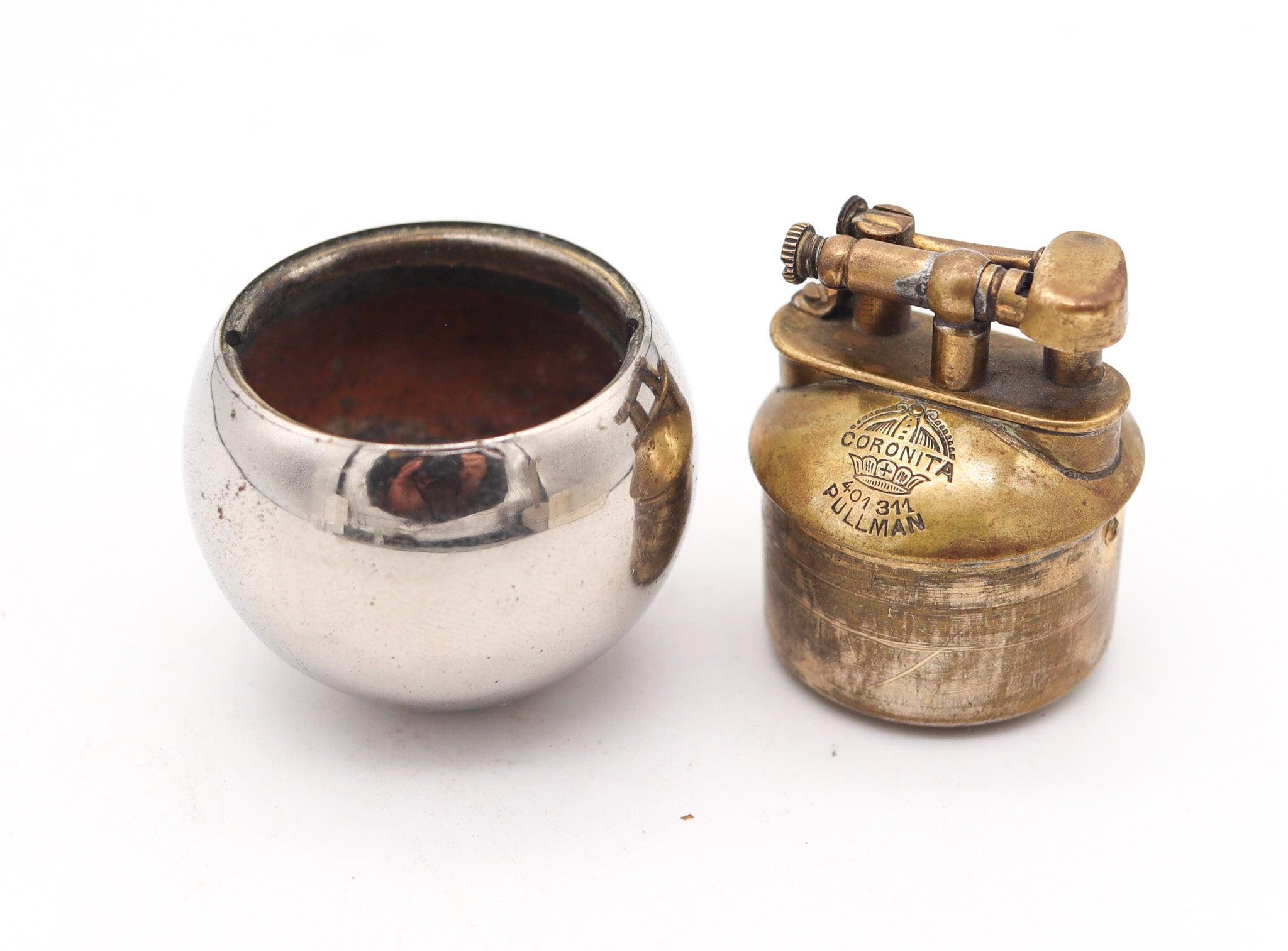 Polished SARASTRO 1925 Pforzheim Deco Coronita Desk Petrol Lighter In Nickel & Brass For Sale