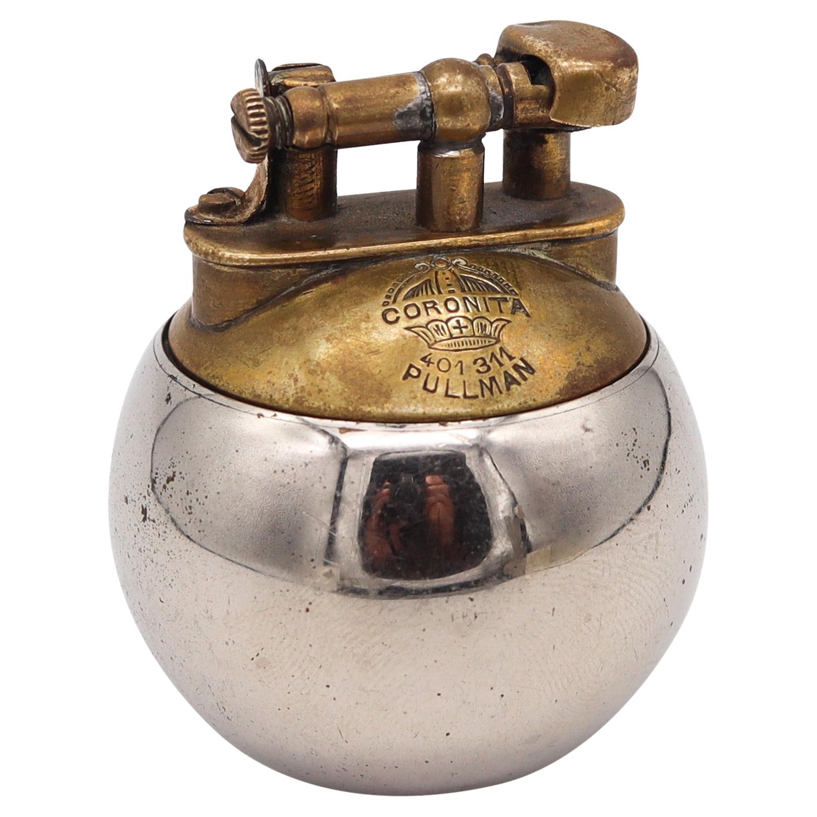 SARASTRO 1925 Pforzheim Deco Coronita Desk Petrol Lighter In Nickel & Brass For Sale