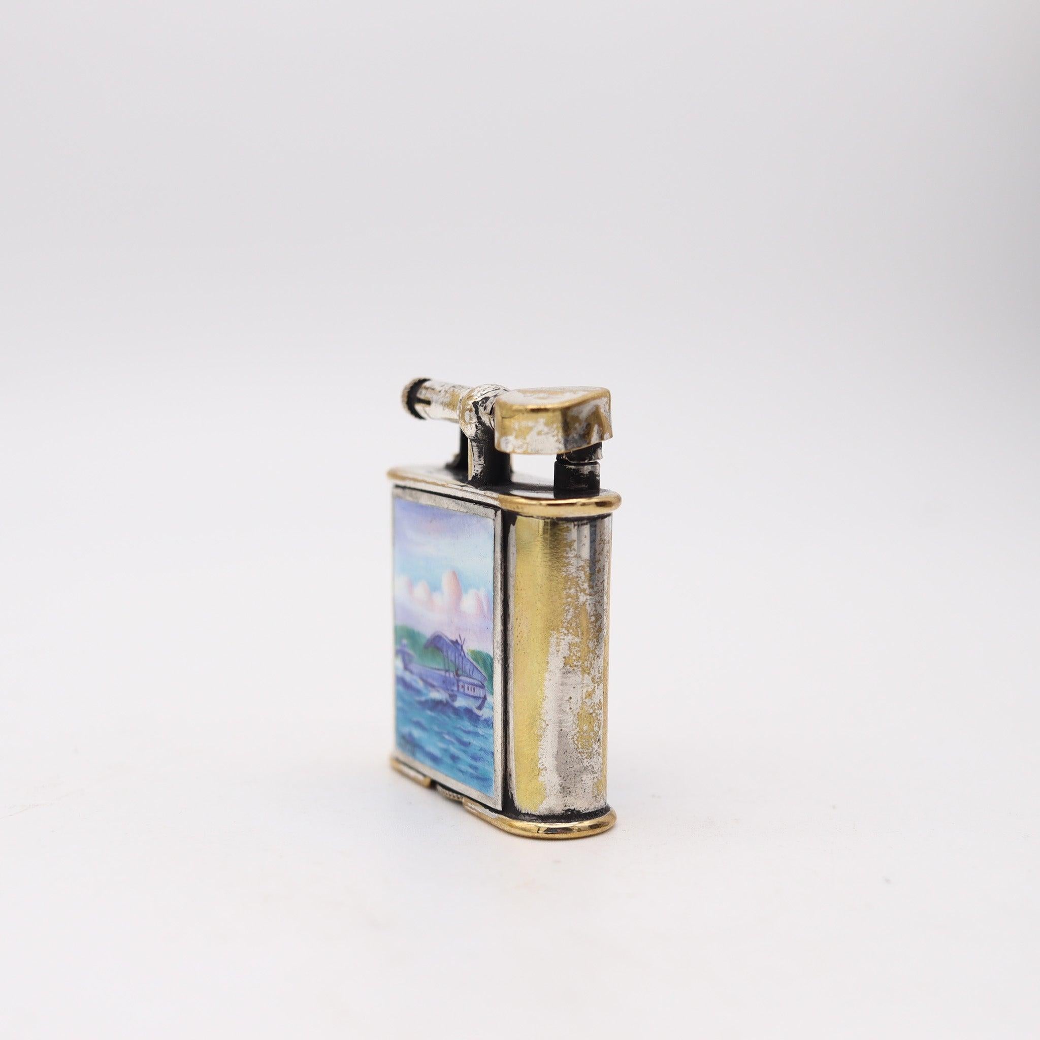 Art déco SARASTRO 1930 Pforzheim Déco Diksi émaillé Briquet à pétrole en Argent sur Laiton en vente