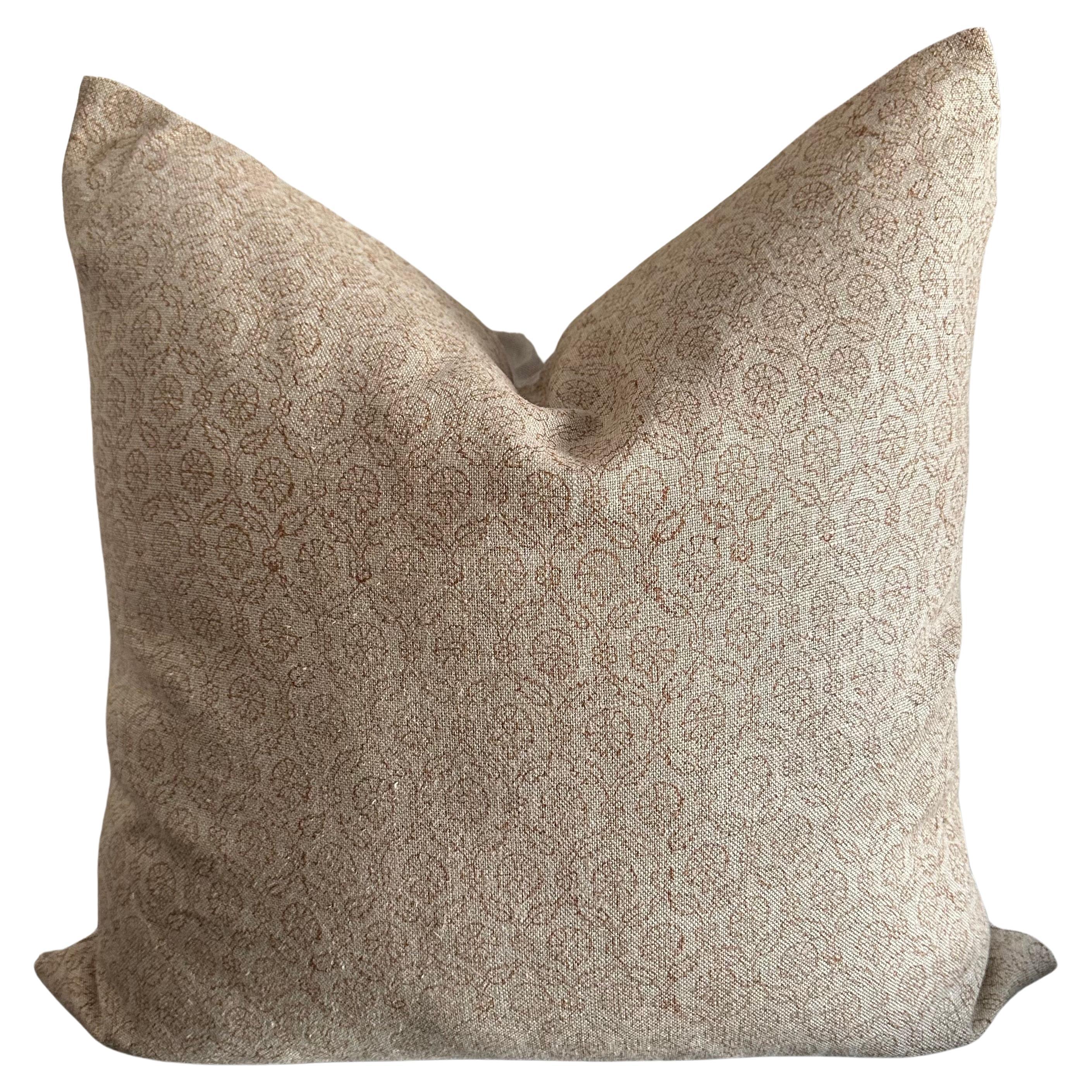 Saratoga Hand Blocked Linen Accent Pillow with Down Feather Insert For Sale