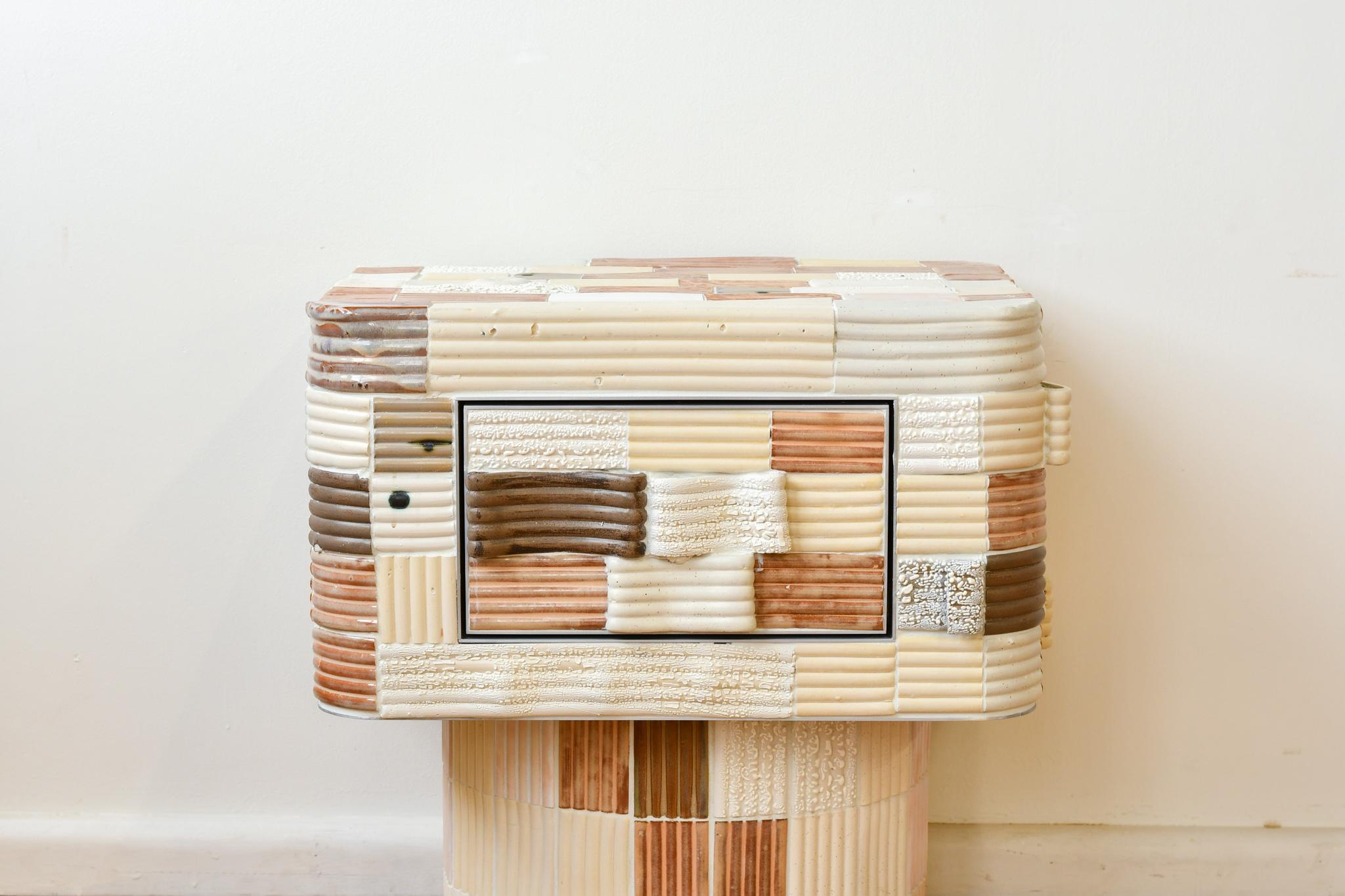 Contemporary Sarcophagus Bedside Table in sculpted ceramics and wood For Sale