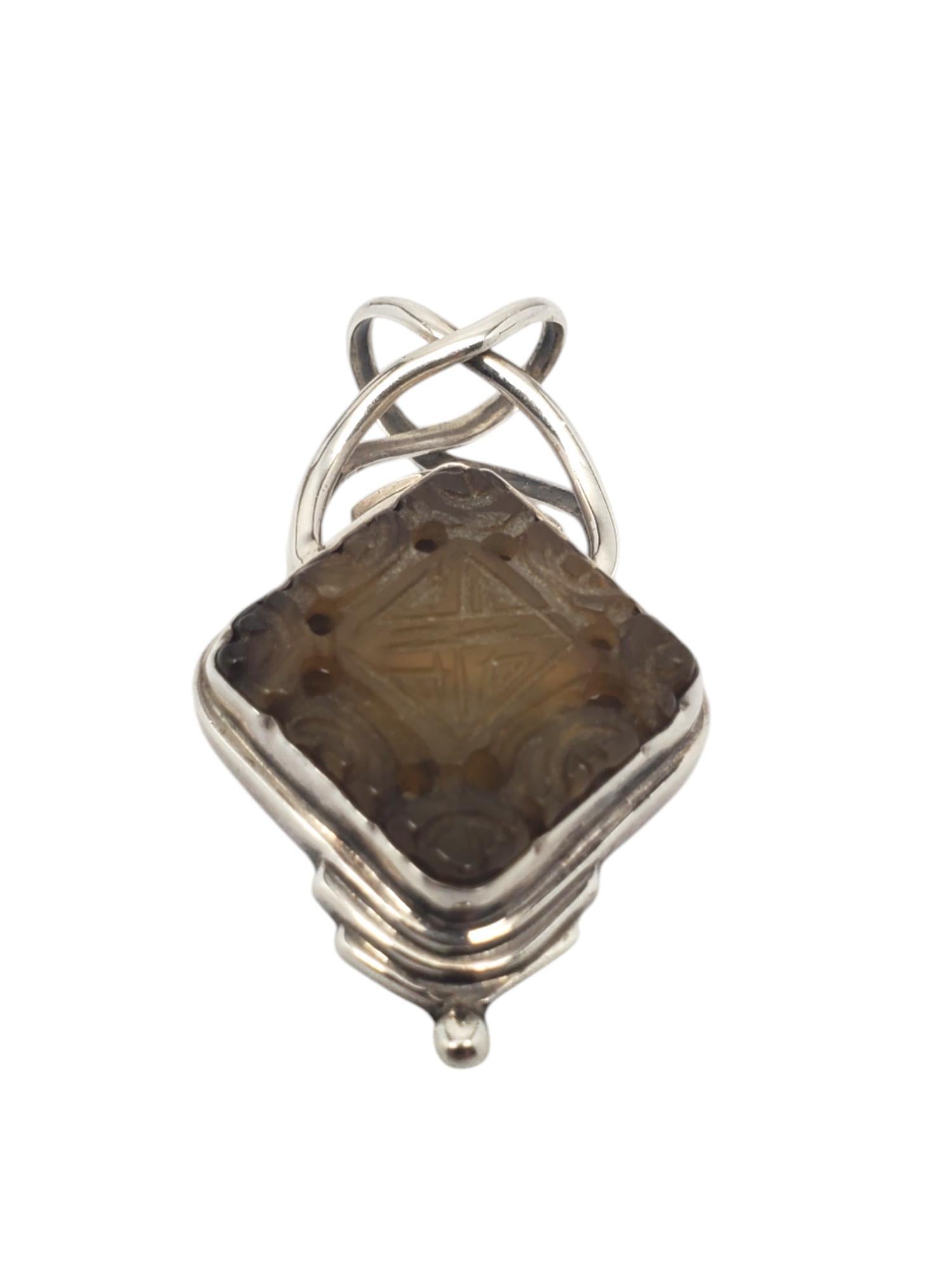 Women's Sarda Sterling Silver Carved Smokey Topaz Pendant #20603 For Sale