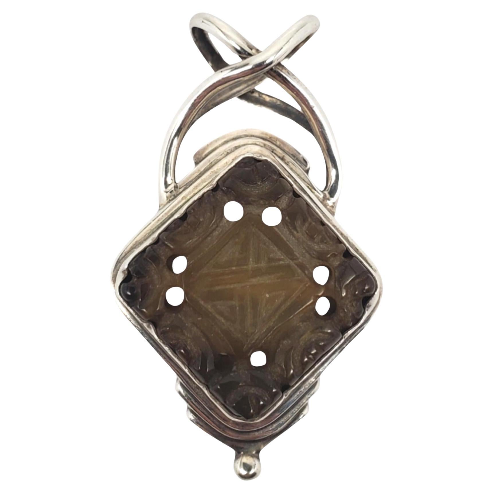 Sarda Sterling Silver Carved Smokey Topaz Pendant #20603 For Sale