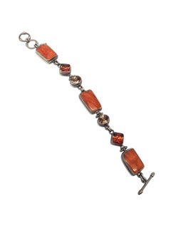 Sarda Sterling Silver Orange Spiny Oyster & Carnelian Link Bracelet # 19625