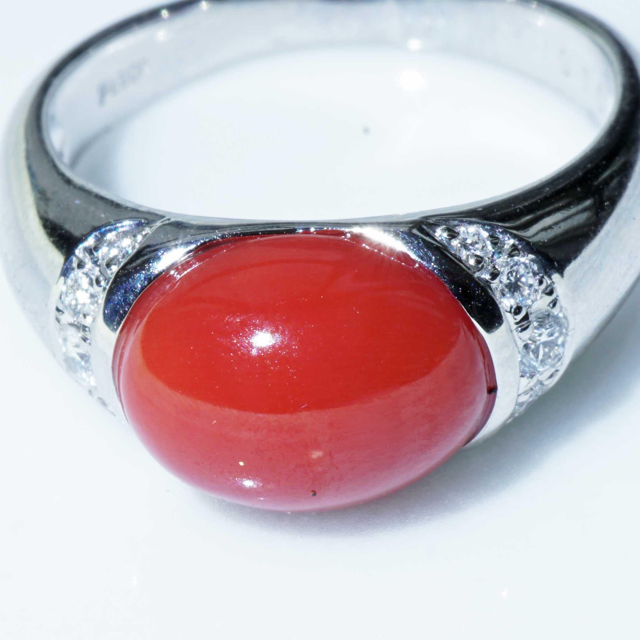 da uomo o donna Anello di corallo sardo Brilliante di platino AAA+ TW Loupeclean in vendita