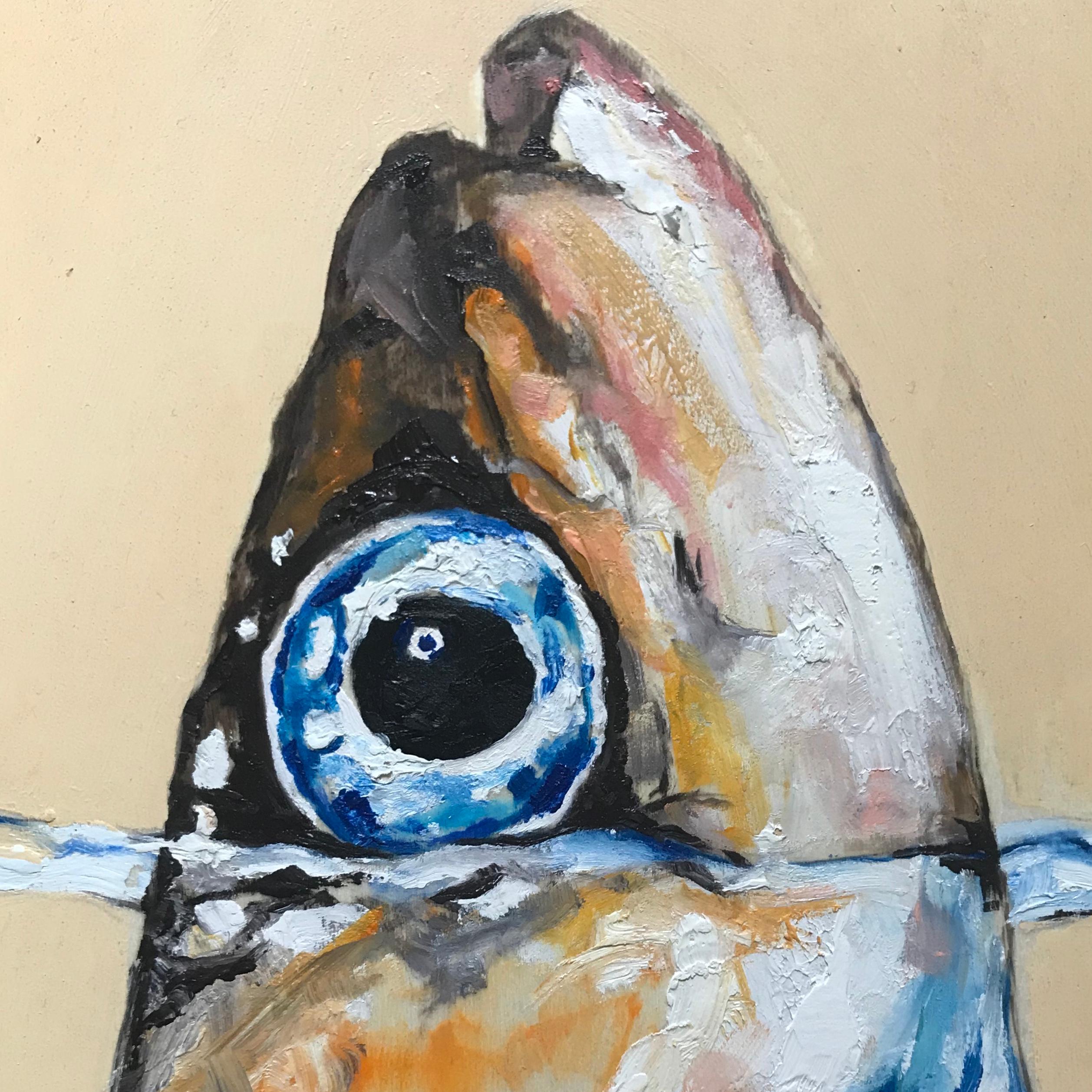 Sardine in the wonderful sea fish painting. Contemporary white and blue acrylic painting on raw wood panel “Alice Nelle Mare Meravigli.”, Italy, 2019.
Dimensions: 12