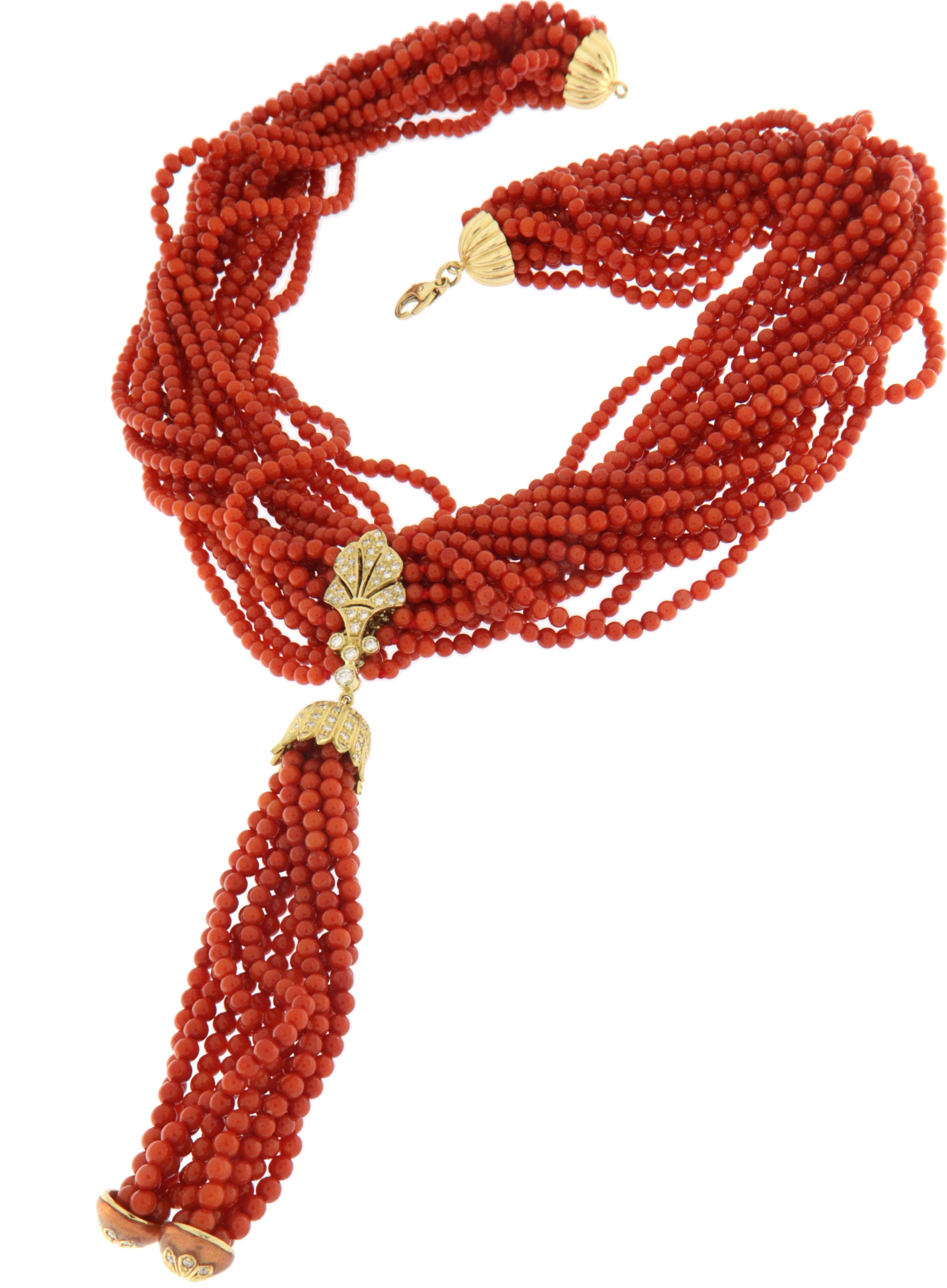 Artisan Sardinia Coral Diamonds 18 Karat Yellow Gold Choker Necklace For Sale
