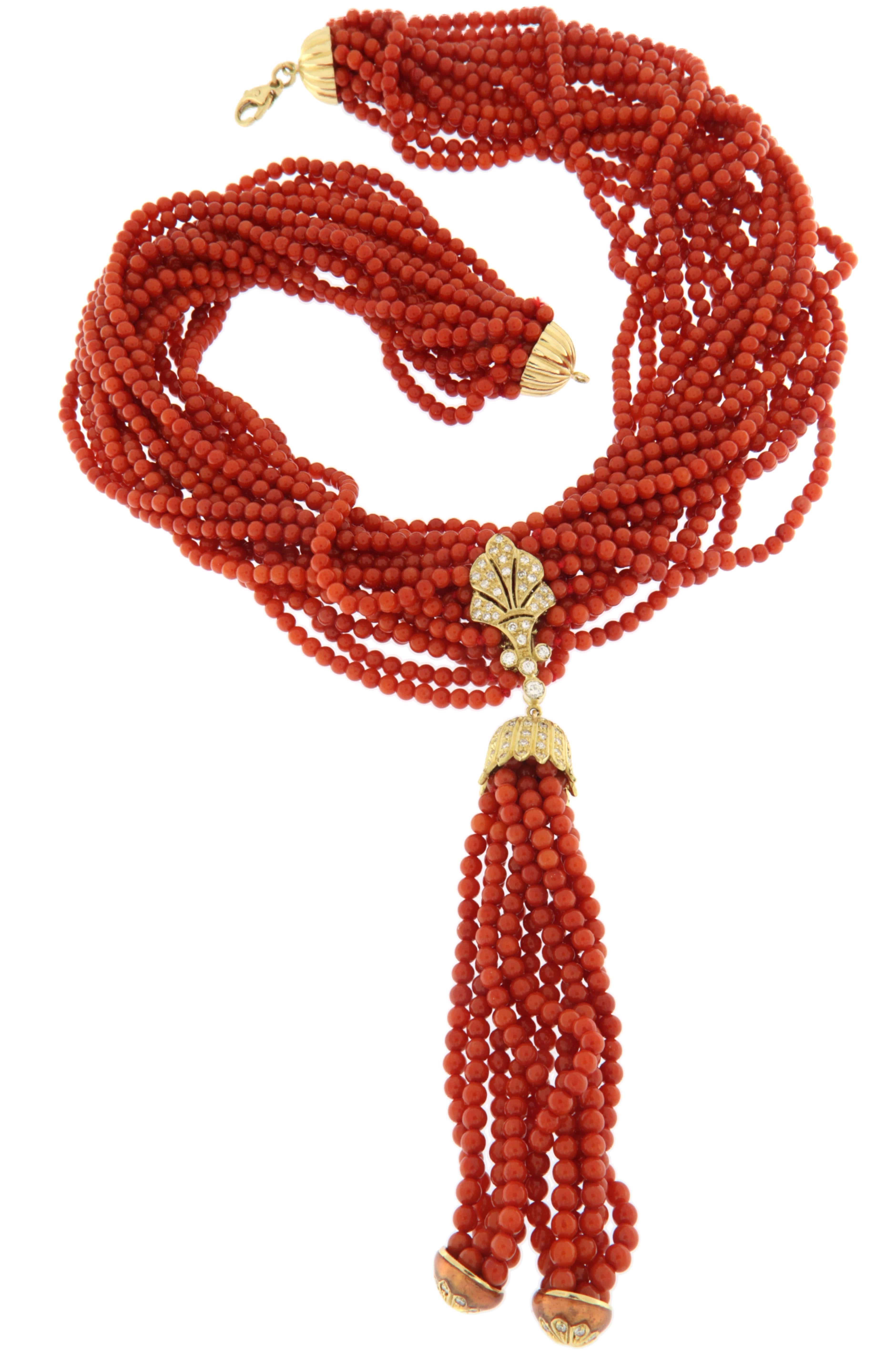 Brilliant Cut Sardinia Coral Diamonds 18 Karat Yellow Gold Choker Necklace For Sale