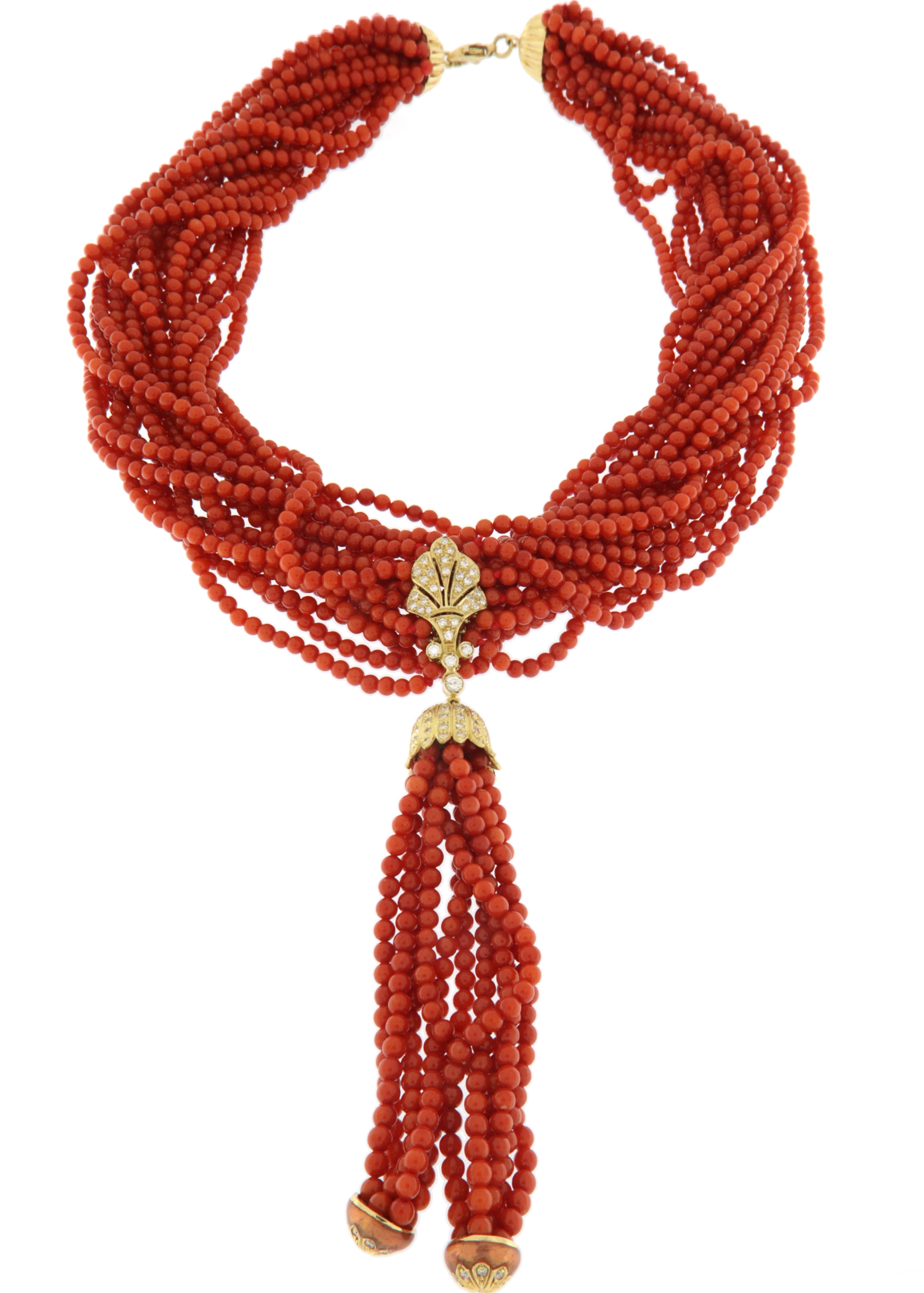 Sardinia Coral Diamonds 18 Karat Yellow Gold Choker Necklace In New Condition For Sale In Marcianise, IT