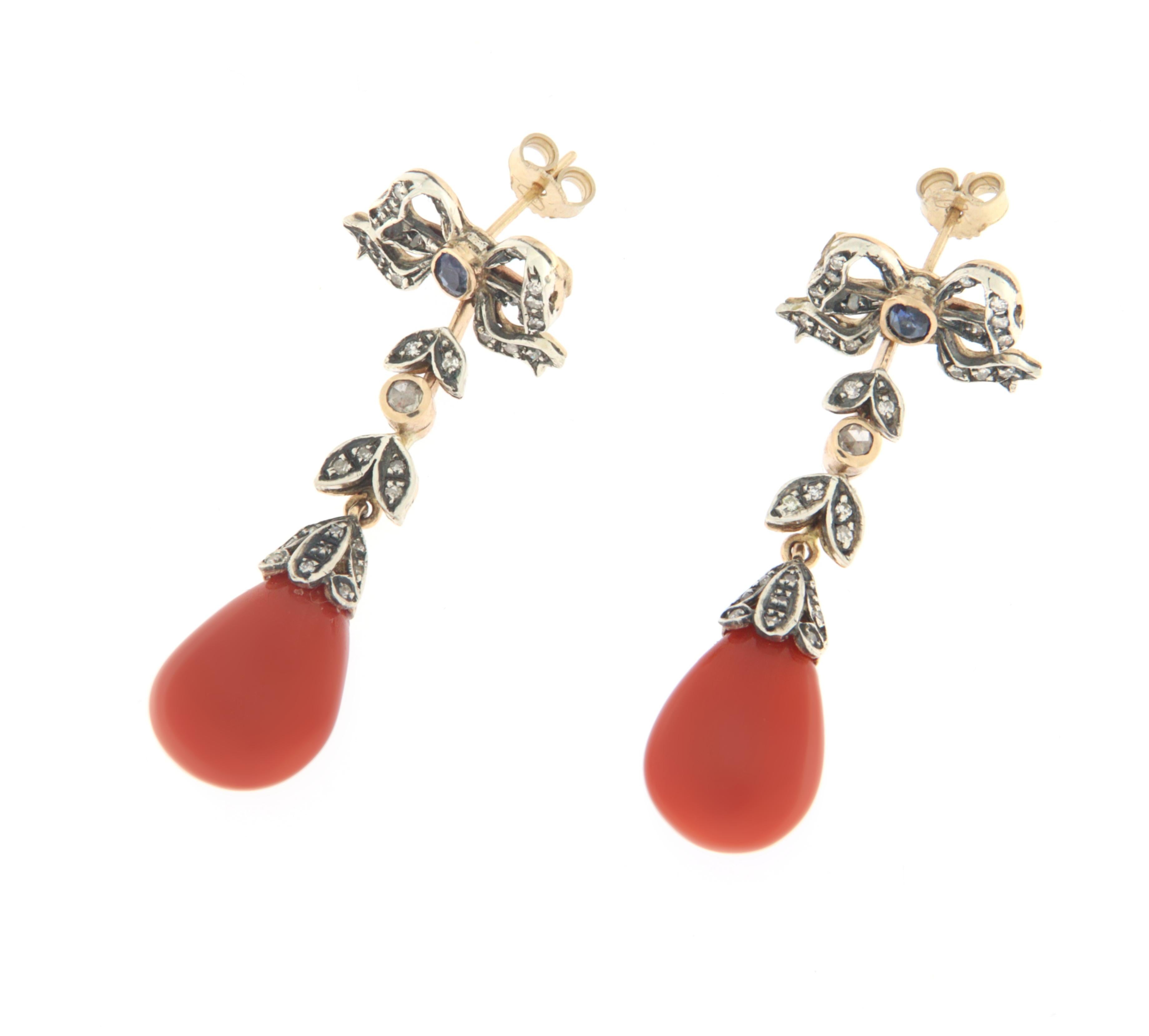 Rose Cut Sardinia Coral Diamonds Yellow Gold 14 Carat Drop Earring For Sale