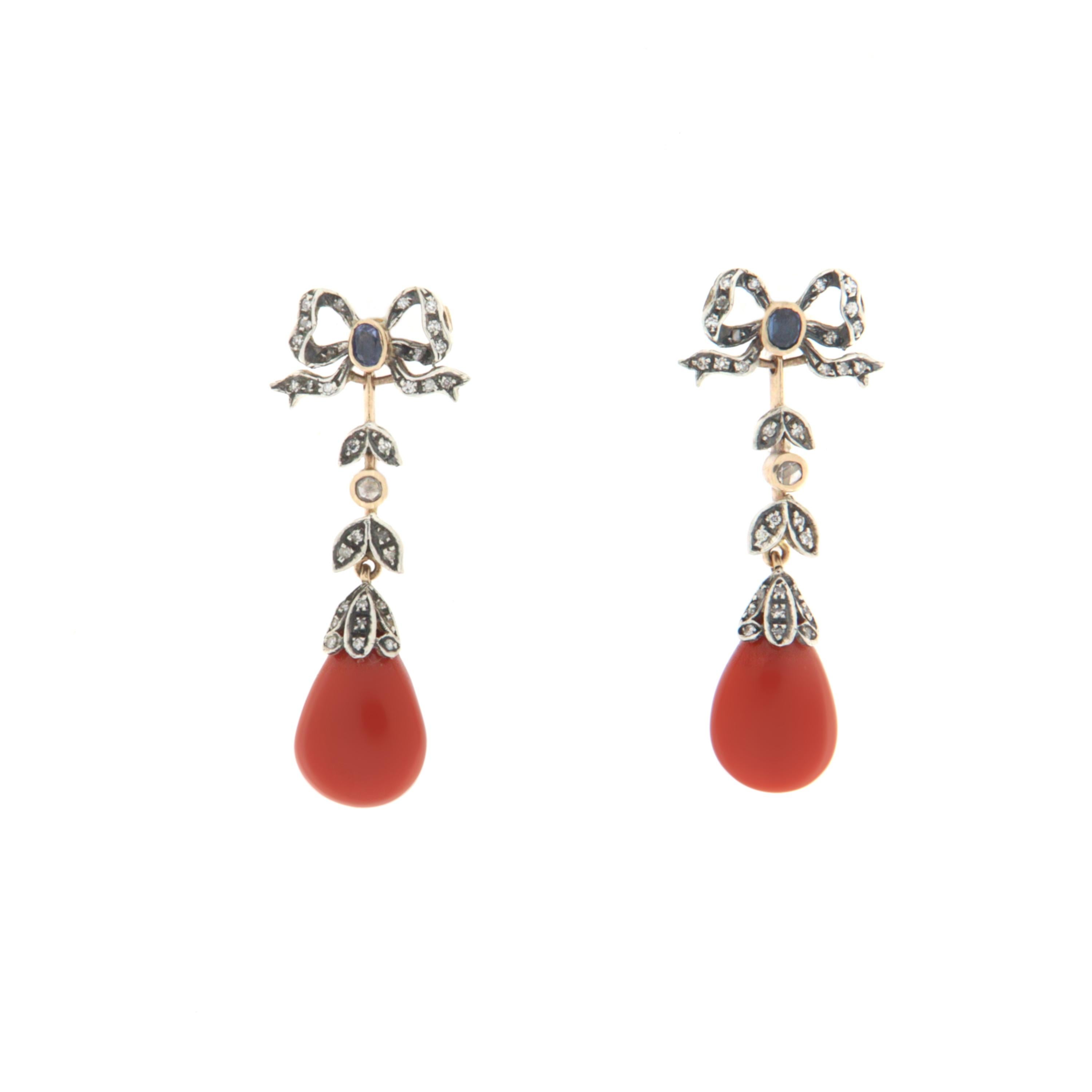 Sardinia Coral Diamonds Yellow Gold 14 Carat Drop Earring In New Condition For Sale In Marcianise, IT