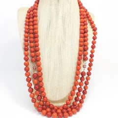 Salmon Coral Triple Strand Bead Necklace, 14 Karat Gold Ruby Diamond Clasp