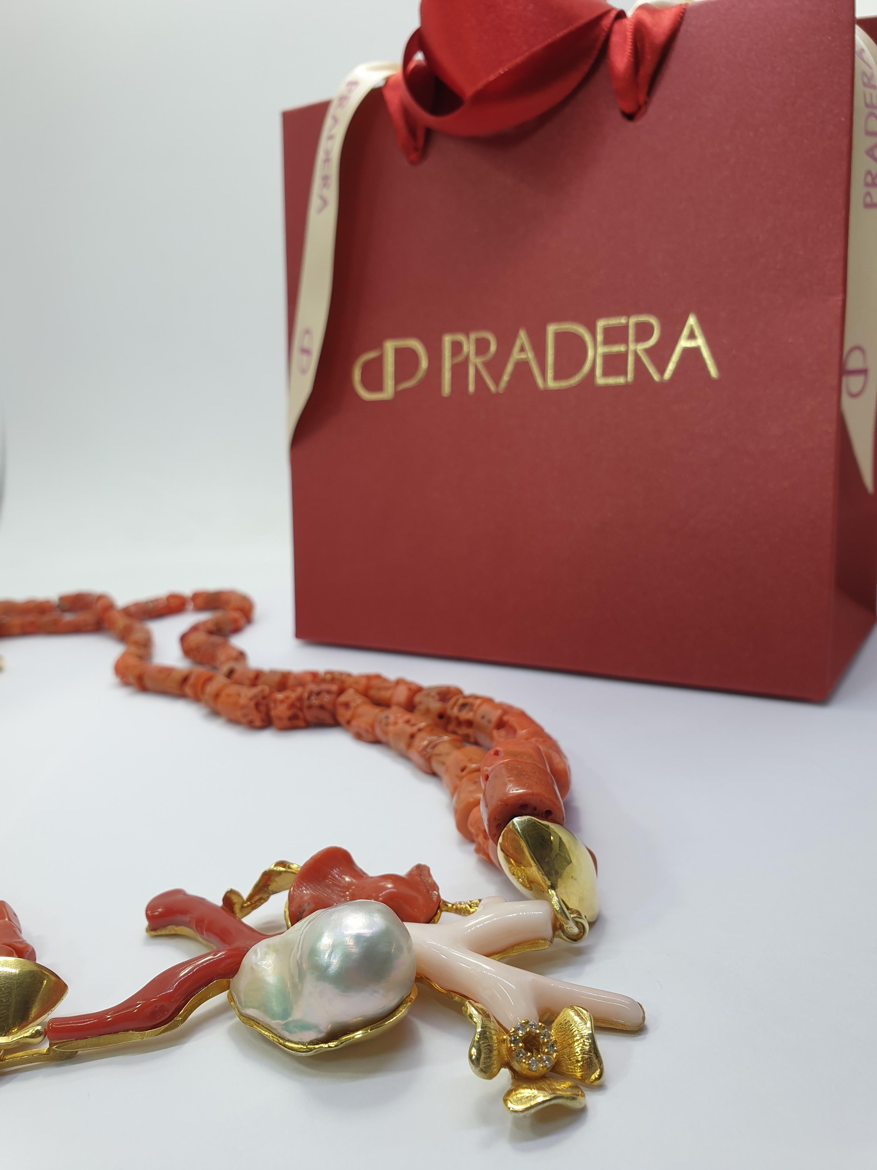 Women's Sardinia Coral Two Strand Necklace Mounted with Gold-Plated Brooch For Sale