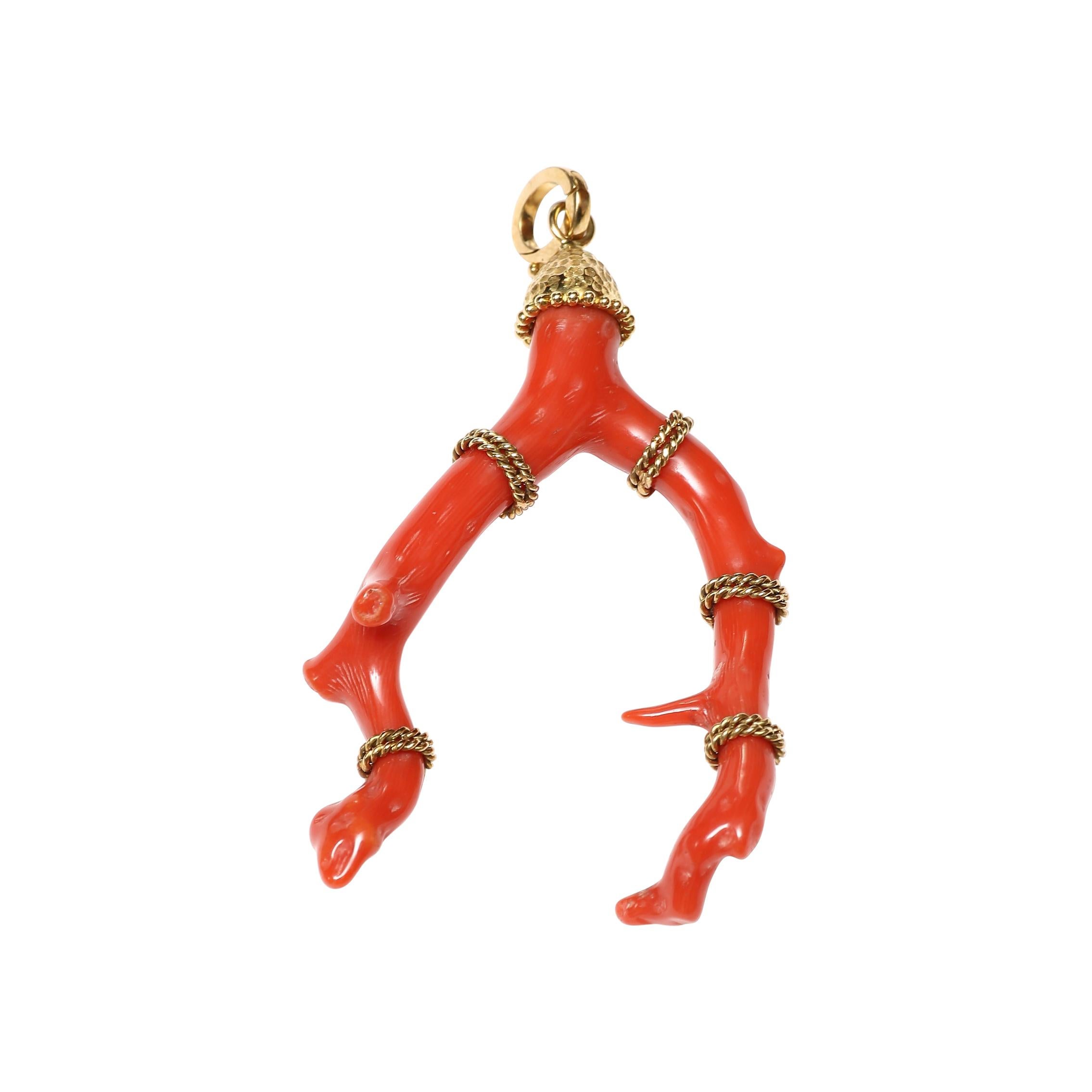Sardinian Branch Coral Pendant with Hand-Hammered 18 Karat Gold For Sale