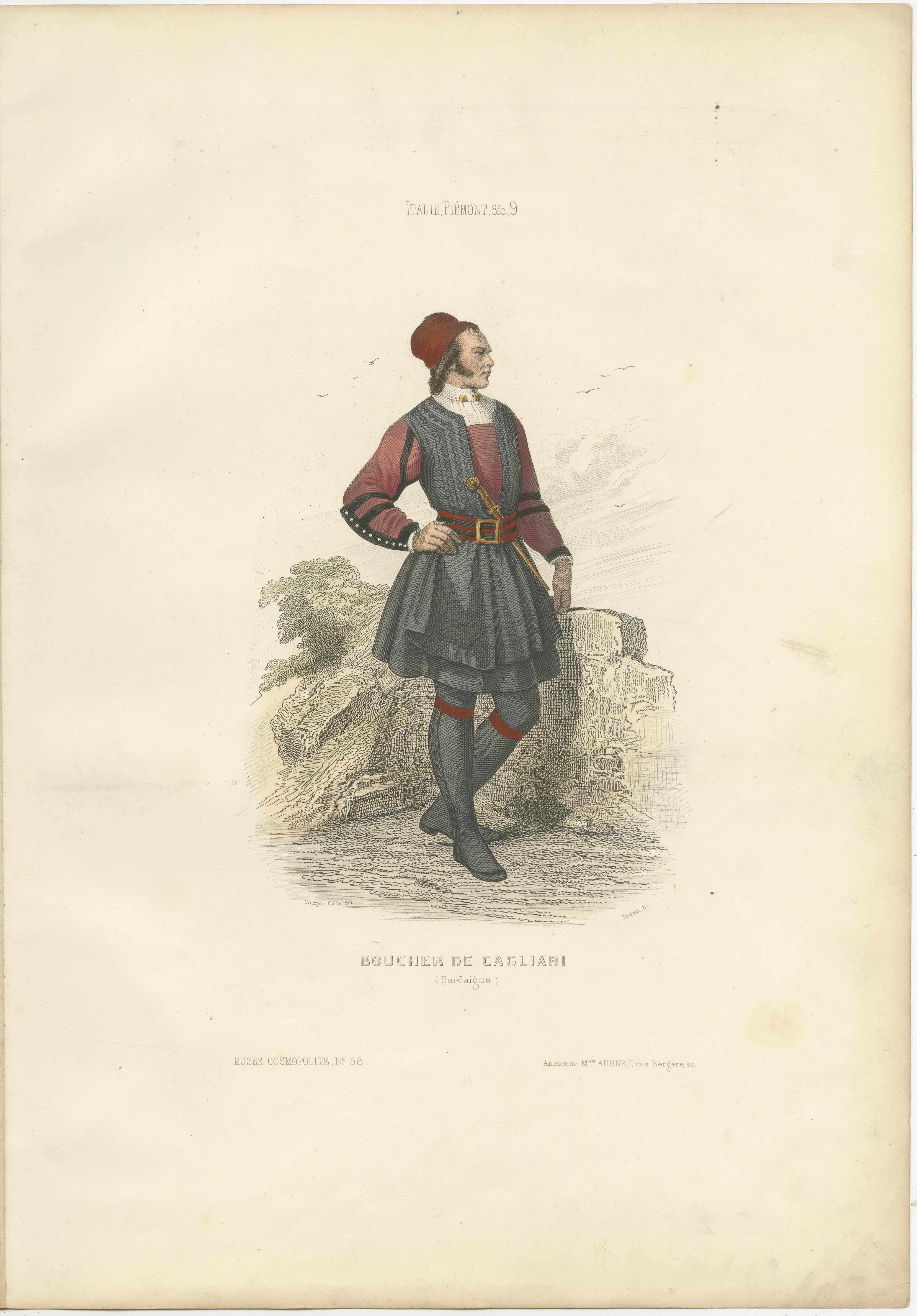 Sardischer Metzger Druck Cagliari Italien 1853 von Compte-Calix - Handkolorierte Lithographie

Dieser beeindruckende antike Druck zeigt einen Metzger (Boucher) aus Cagliari in Sardinien, Italien, in traditioneller regionaler Tracht. Es wurde von