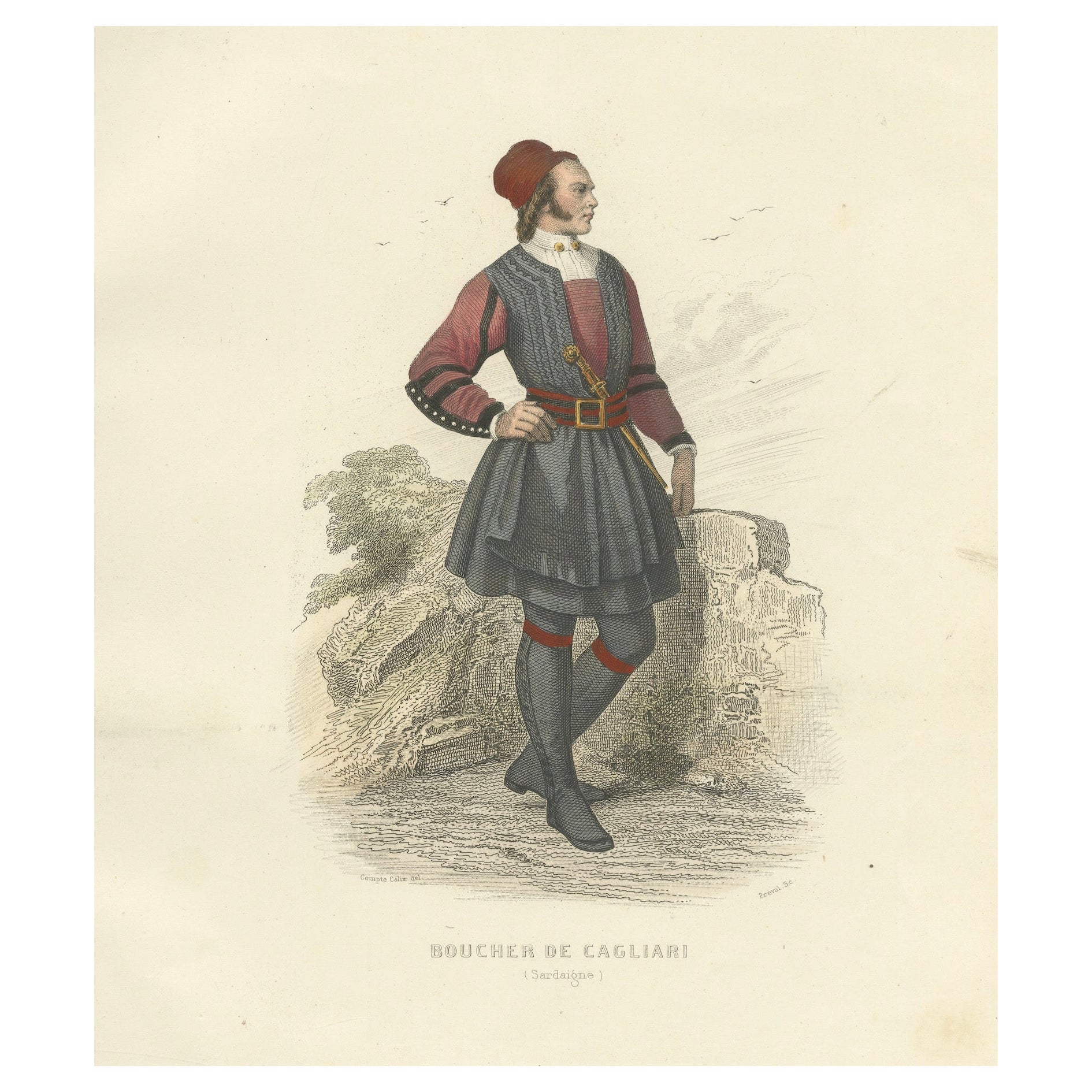 Sardischer Metzger Druck Cagliari Italien 1853 von Compte-Calix - Handkolorierte Litho