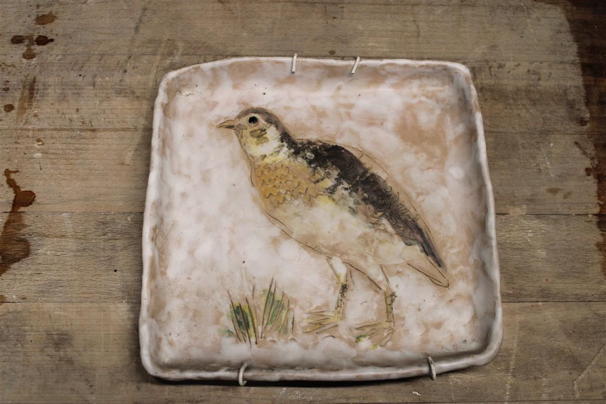 Mid-Century Modern Sardinian Ceramic Plate with Partridge Decoration, 1960s, Italy Aldo Ajò