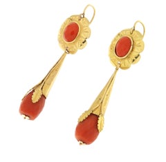 Sardinian Coral 14 Carat Yellow Gold Drop Earrings
