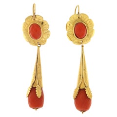Sardinian Coral 14 Carat Yellow Gold Drop Earrings