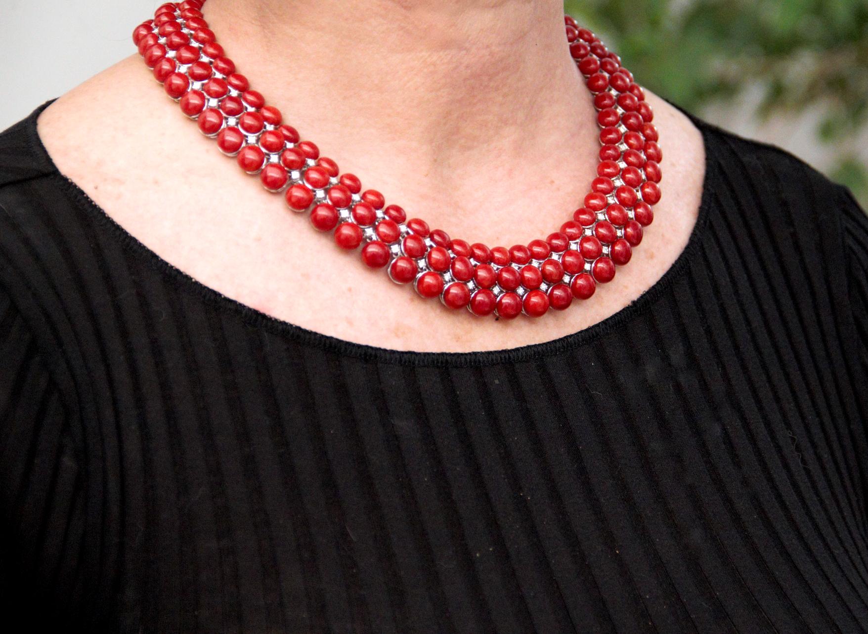 Sardinian Coral 18 Karat White Gold Diamonds Choker Necklace For Sale 12