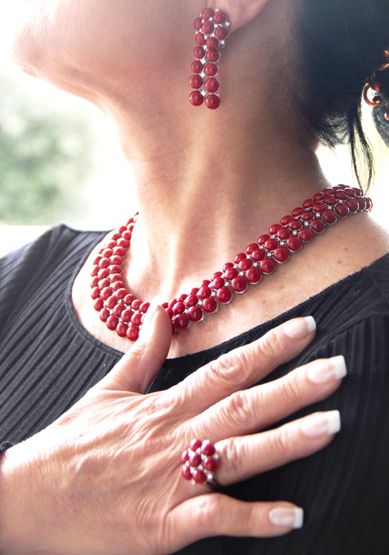 Sardinian Coral 18 Karat White Gold Diamonds Choker Necklace For Sale 13