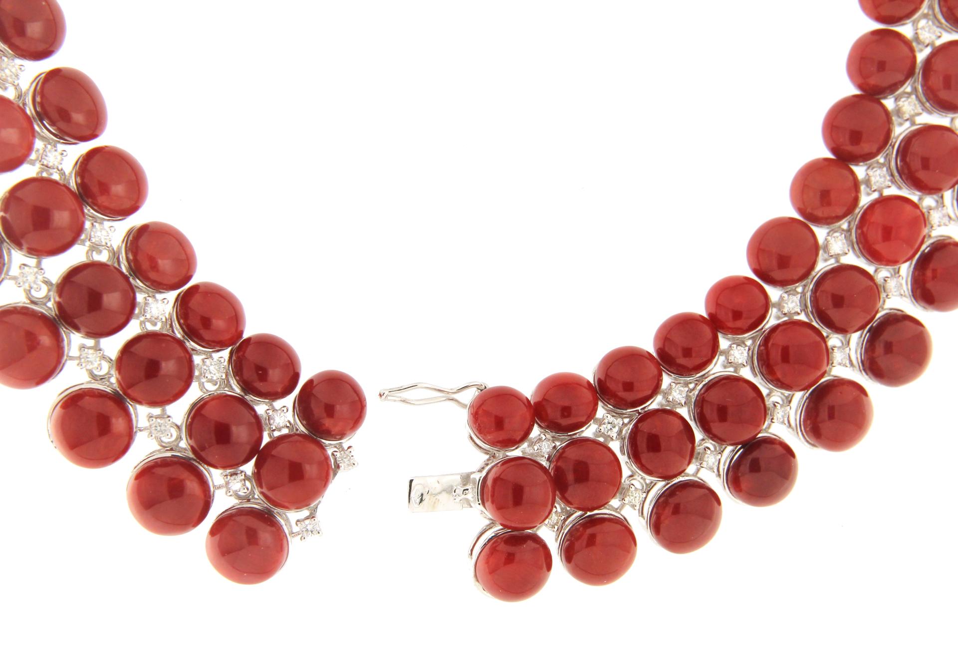 Women's or Men's Sardinian Coral 18 Karat White Gold Diamonds Choker Necklace For Sale