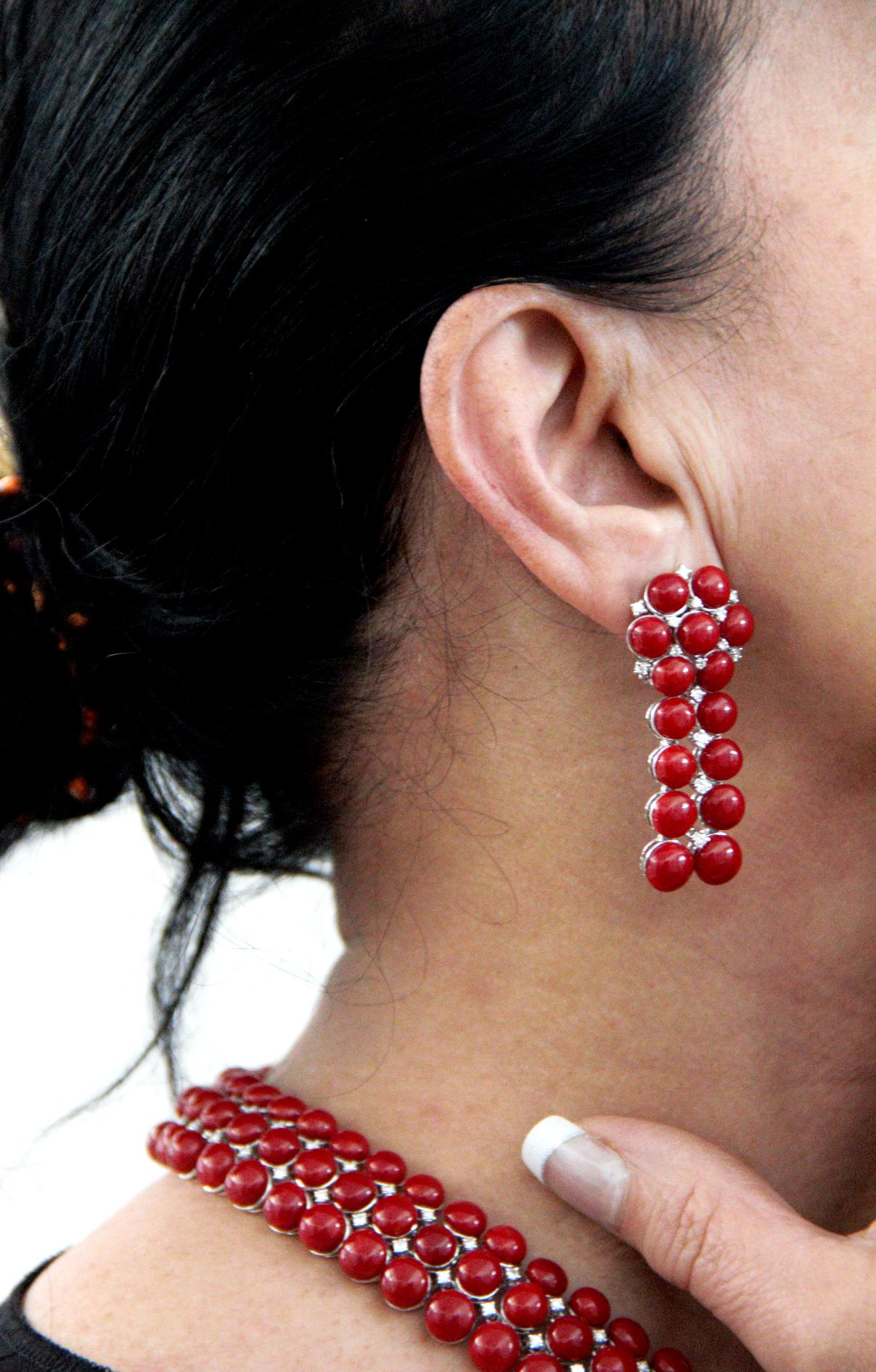 Sardinian Coral 18 Karat White Gold Diamonds Clip-On Earrings For Sale 7