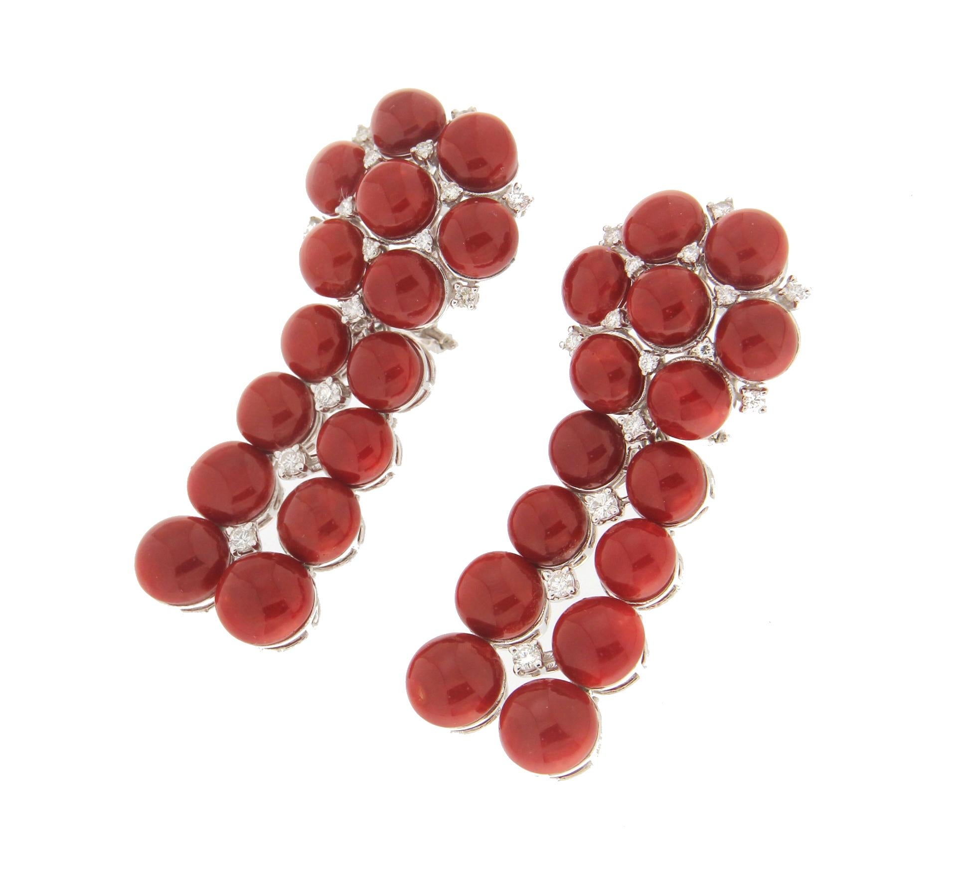 Artisan Sardinian Coral 18 Karat White Gold Diamonds Clip-On Earrings For Sale
