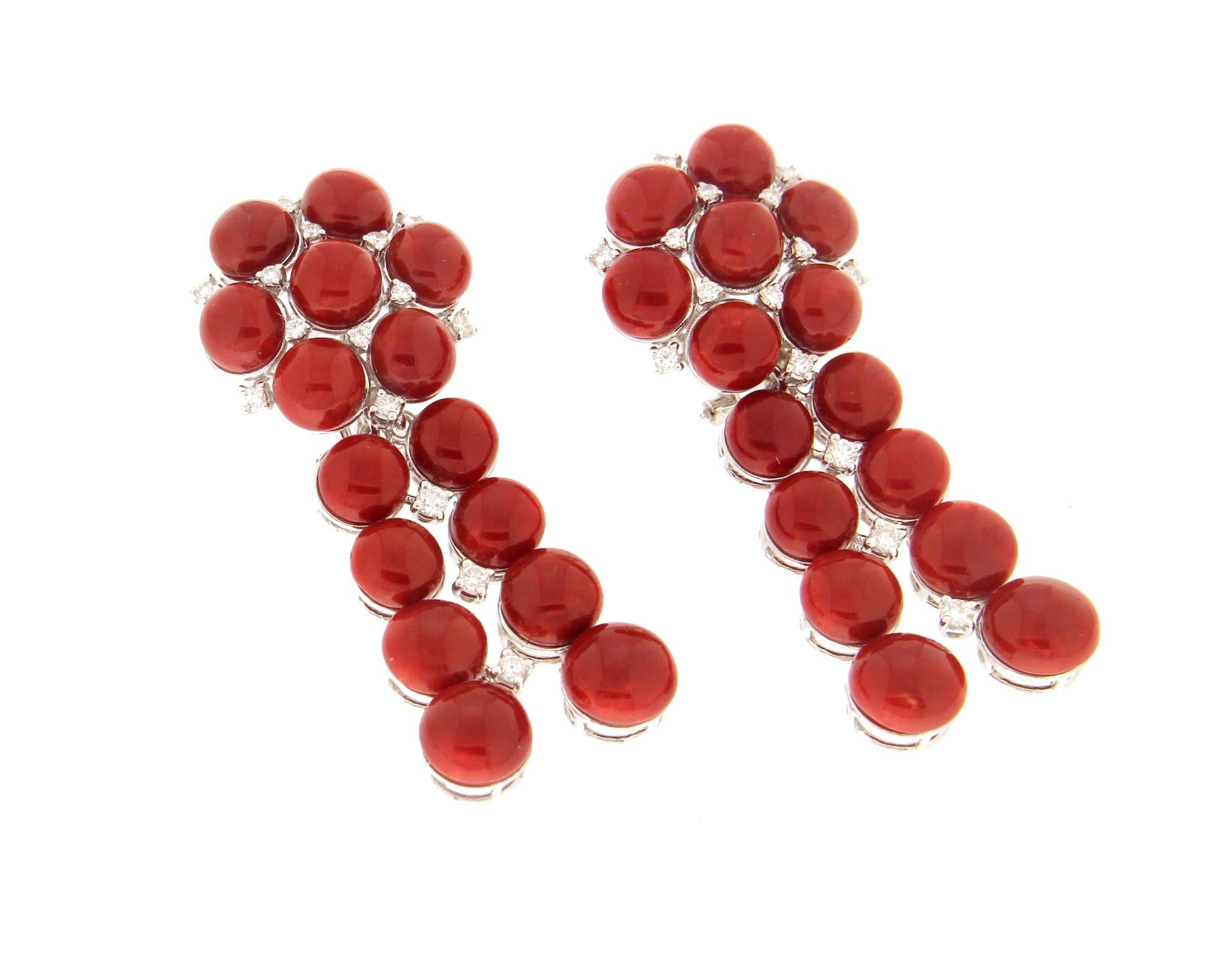 Brilliant Cut Sardinian Coral 18 Karat White Gold Diamonds Clip-On Earrings For Sale