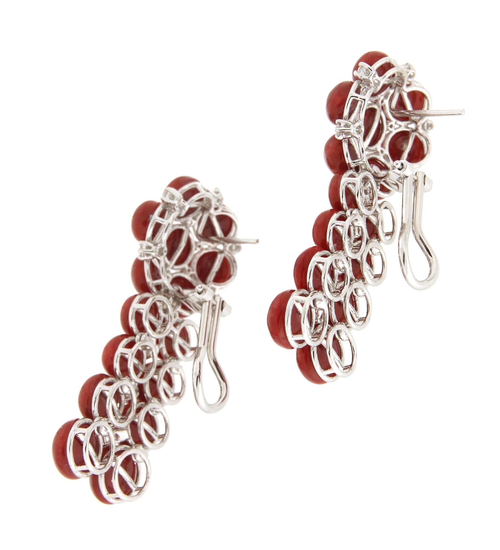 Women's Sardinian Coral 18 Karat White Gold Diamonds Clip-On Earrings For Sale