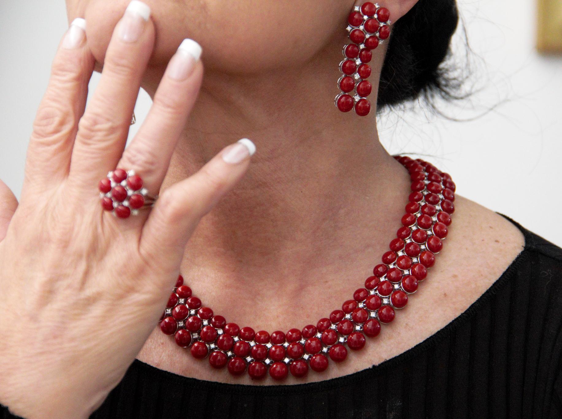 Sardinian Coral 18 Karat White Gold Diamonds Clip-On Earrings For Sale 3