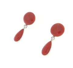 Sardinian Coral 18 Karat White Gold Diamonds Drop Earrings