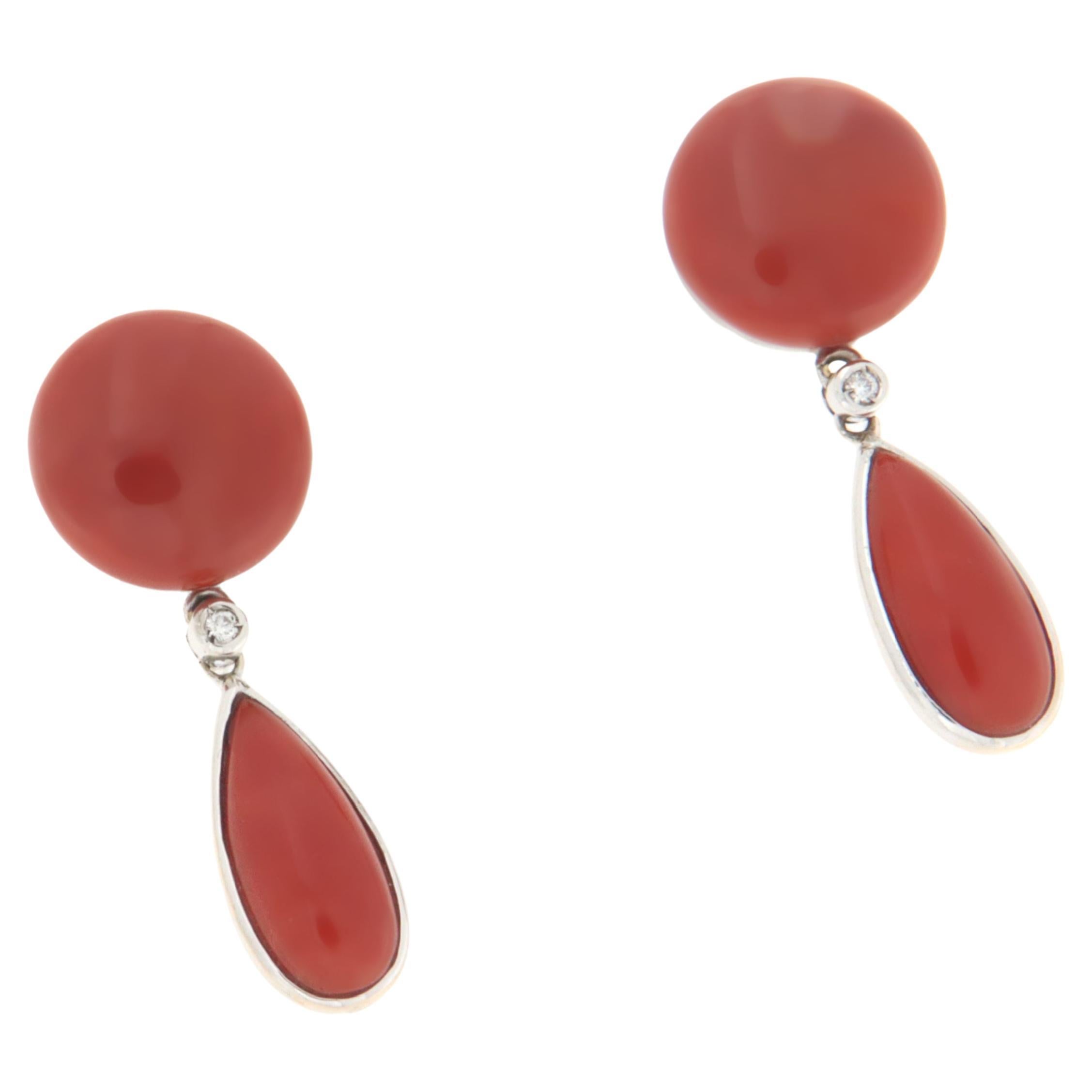 Sardinian Coral 18 Karat White Gold Diamonds Drop Earrings For Sale