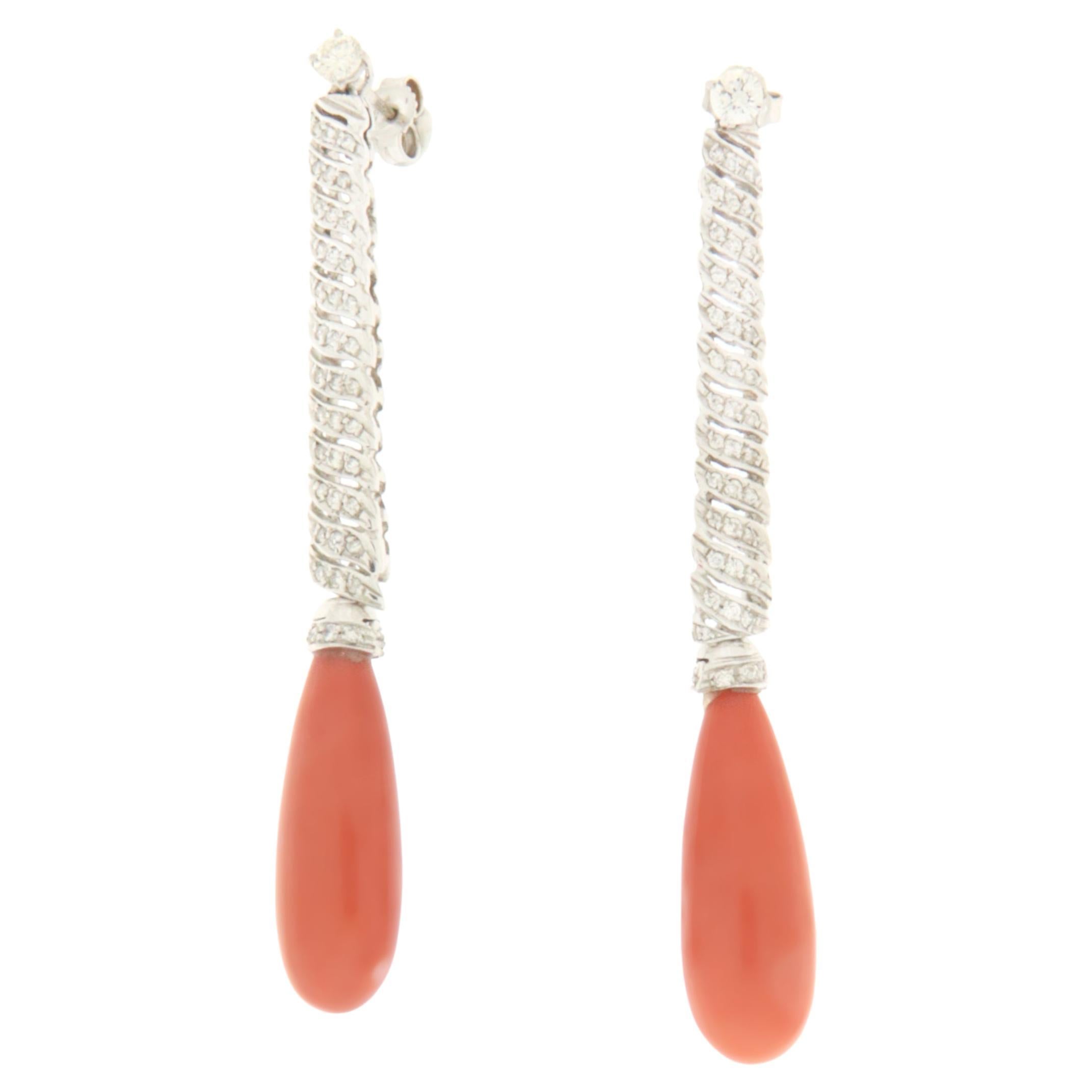 Sardinian Coral 18 Karat White Gold Diamonds Drop Earrings For Sale