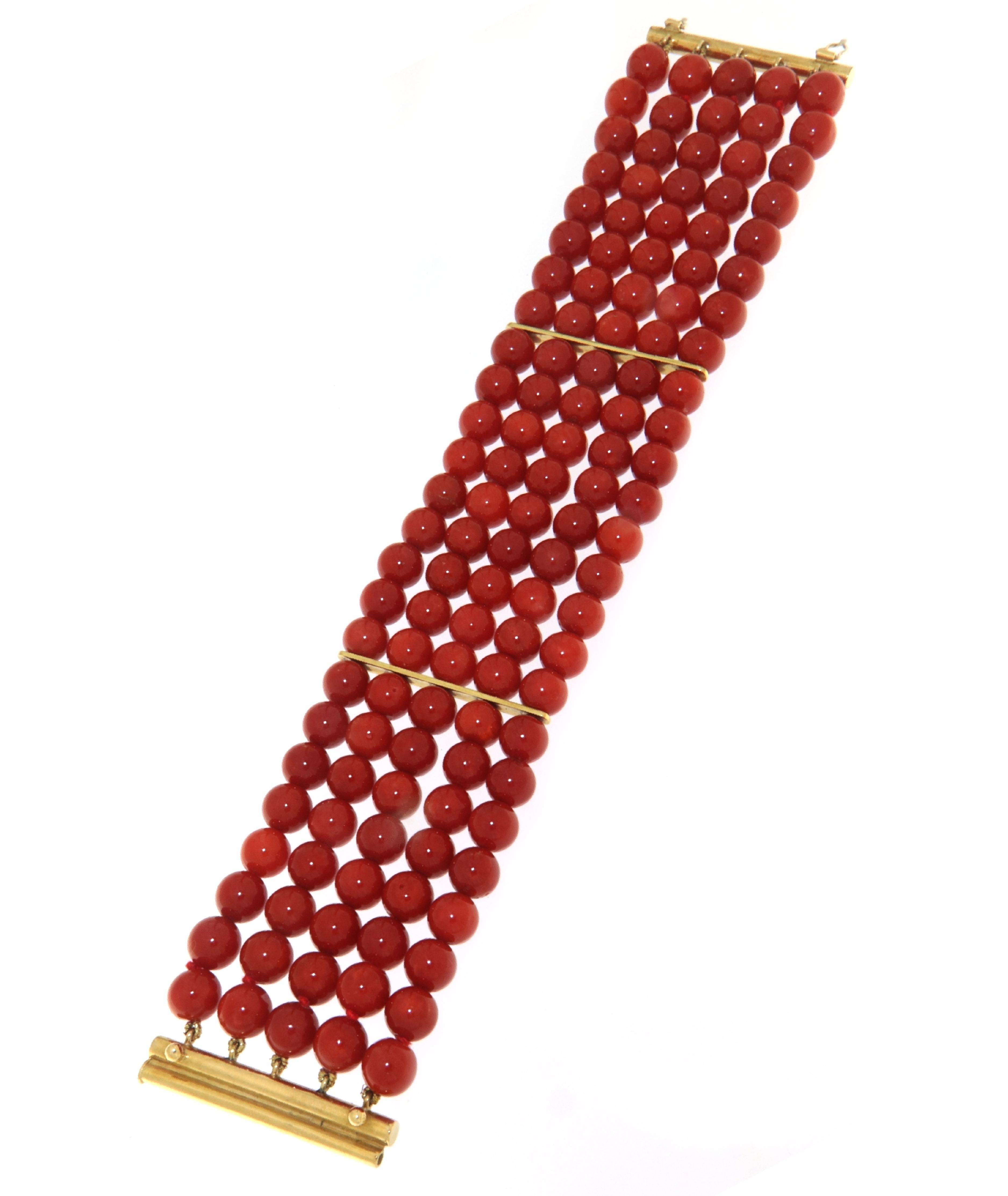 Women's Sardinian Coral 18 Karat Yellow Gold Cuff Bracelet For Sale