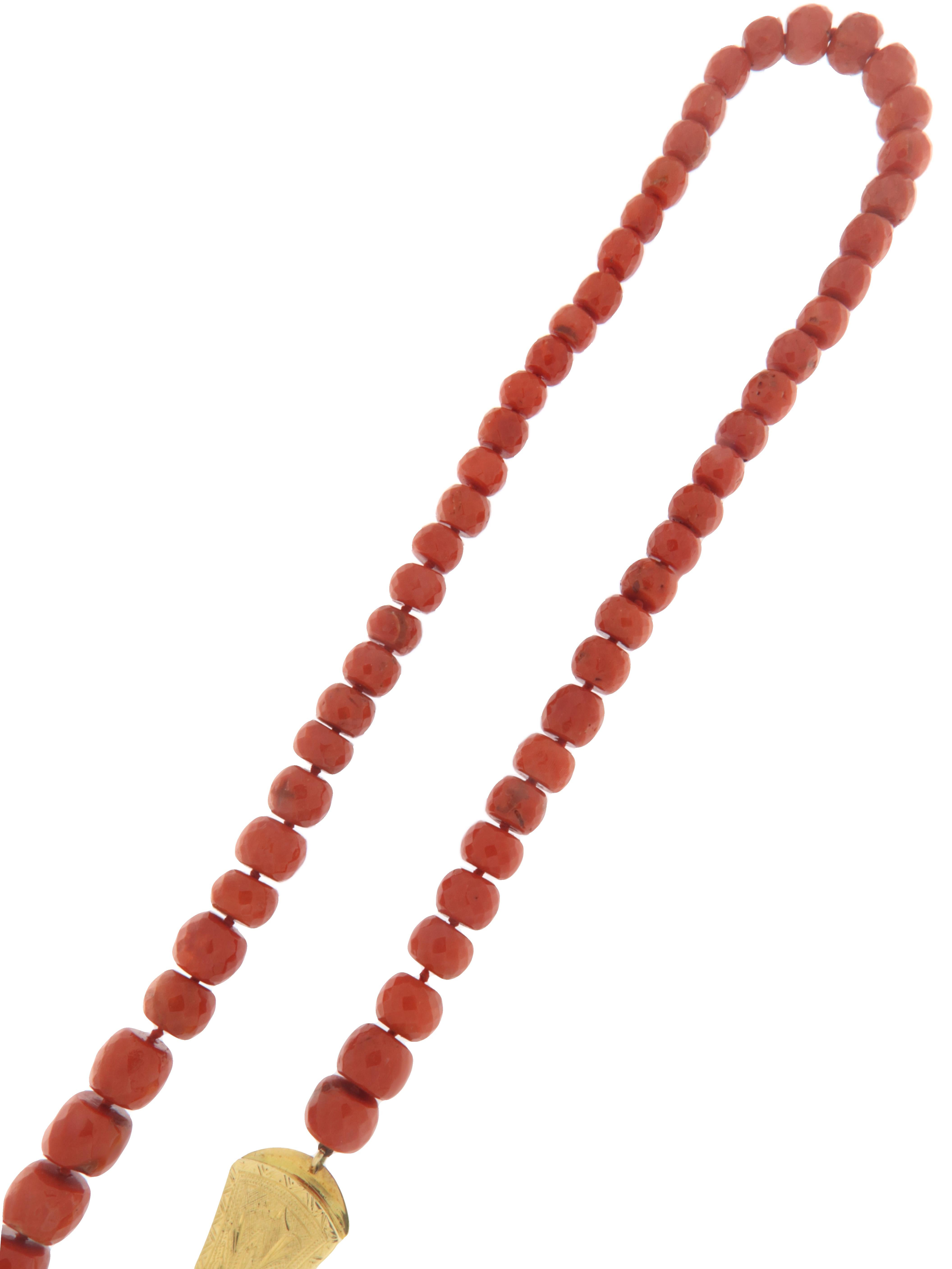 Artisan Sardinian Coral 18 Karat Yellow Gold Rope Necklace For Sale