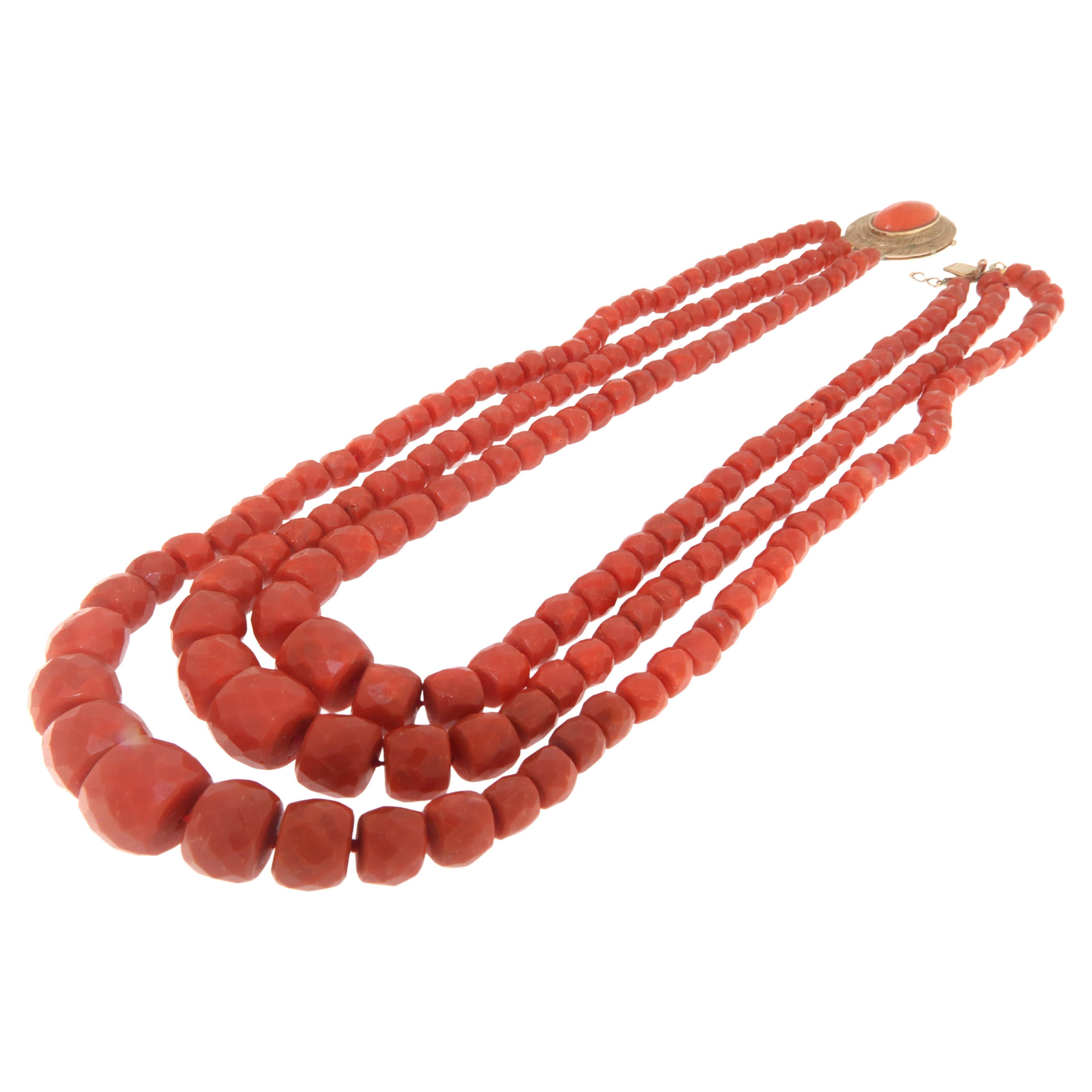 Sardinian Coral 9 Karat Yellow Gold Rope Necklace For Sale