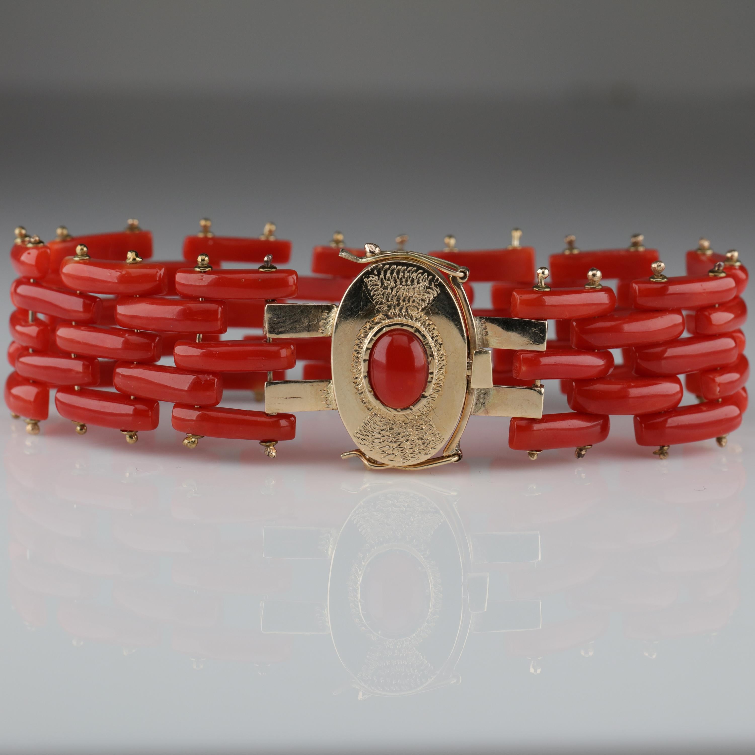 Women's or Men's Sardinian Coral and Gold Carved Link Bracelet from Italy, circa 1970s