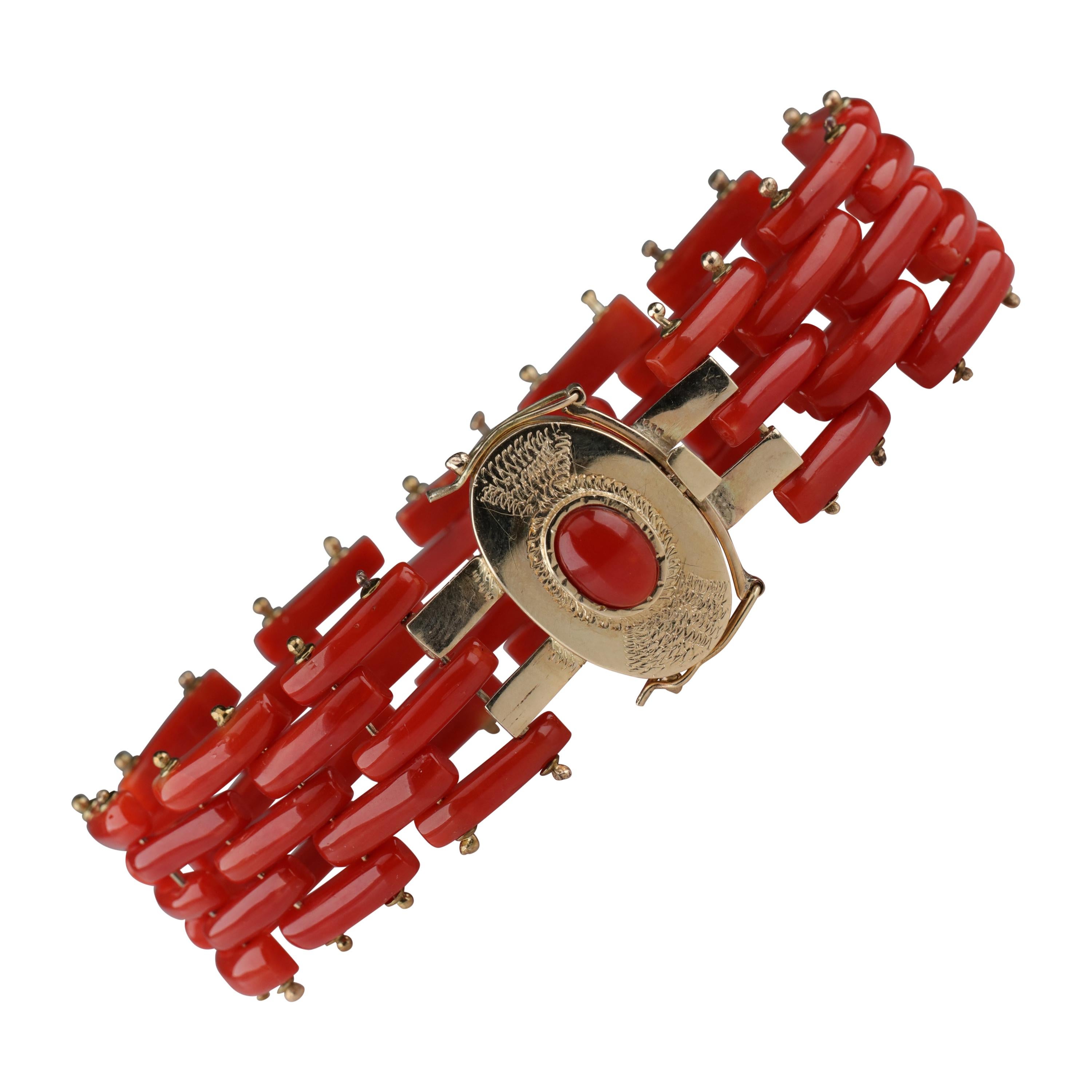 Sardinian Coral and Gold Carved Link Bracelet from Italy, circa 1970s