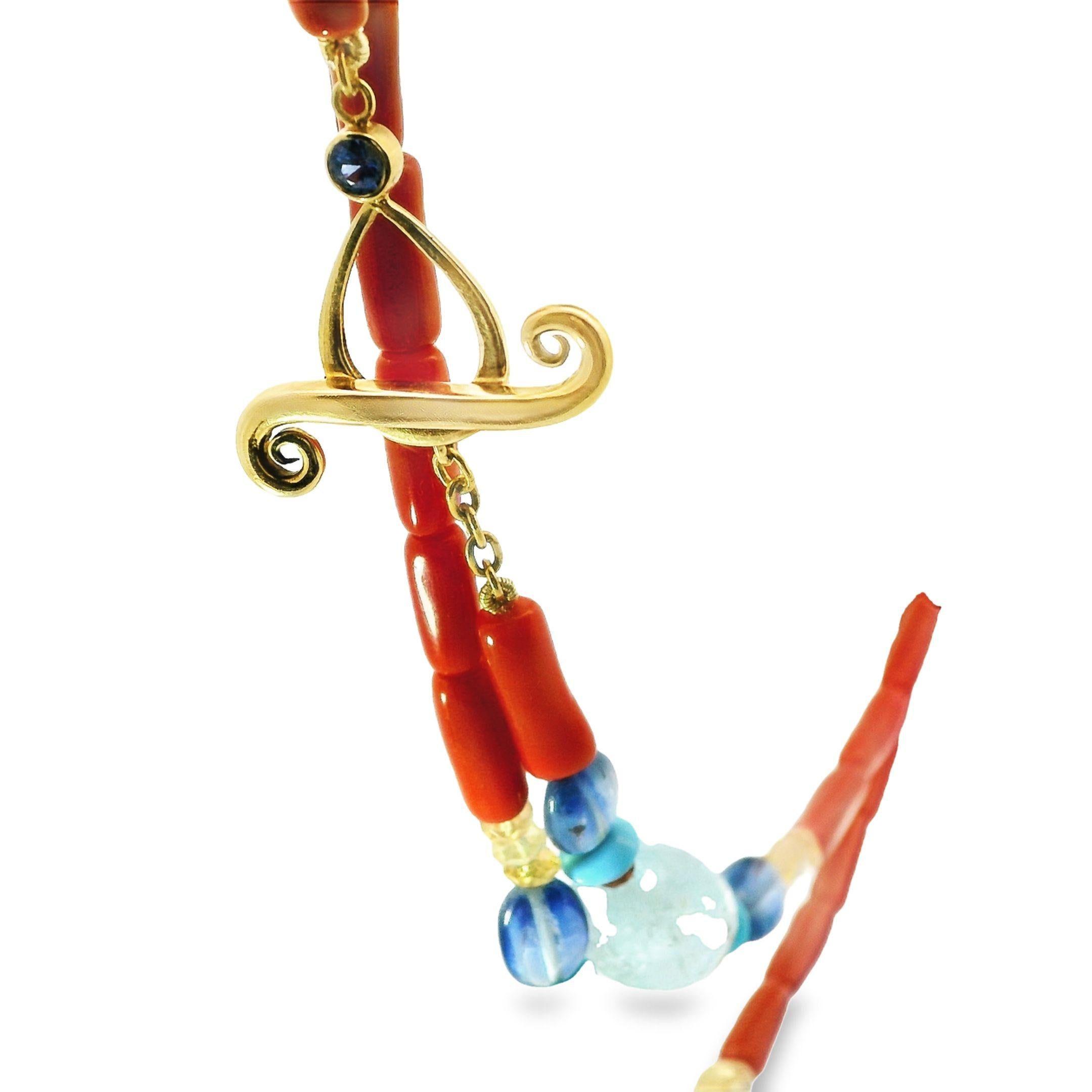Halskette aus sardischer Koralle, Aquamarin, Türkis, Kyanit und Saphir, Lynn K Designs  im Zustand „Neu“ im Angebot in San Jose, CA