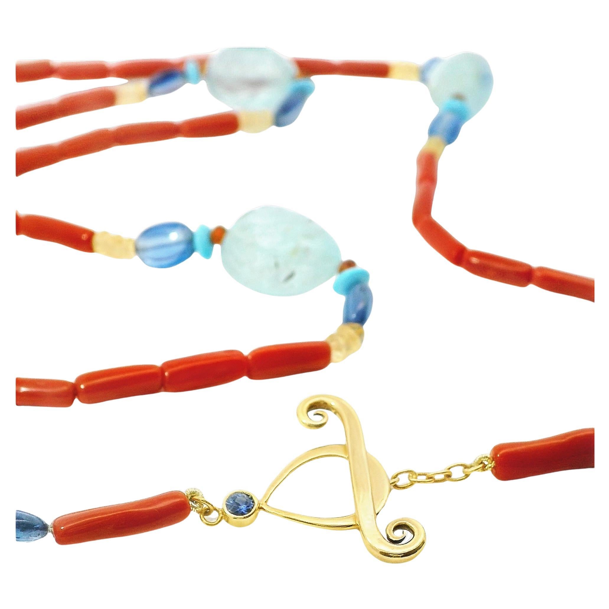 Halskette aus sardischer Koralle, Aquamarin, Türkis, Kyanit und Saphir, Lynn K Designs  im Angebot